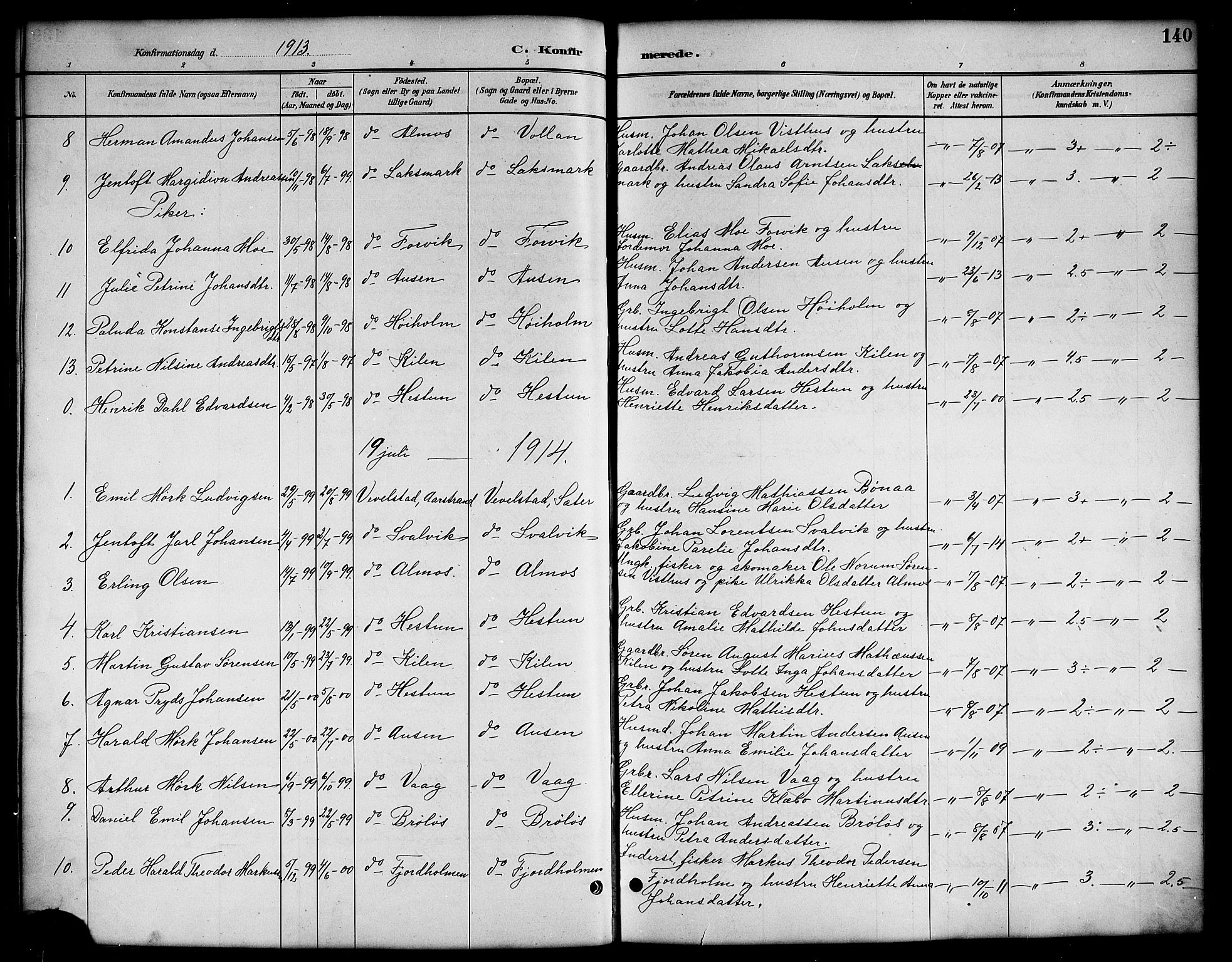 Ministerialprotokoller, klokkerbøker og fødselsregistre - Nordland, AV/SAT-A-1459/819/L0277: Parish register (copy) no. 819C03, 1888-1917, p. 140
