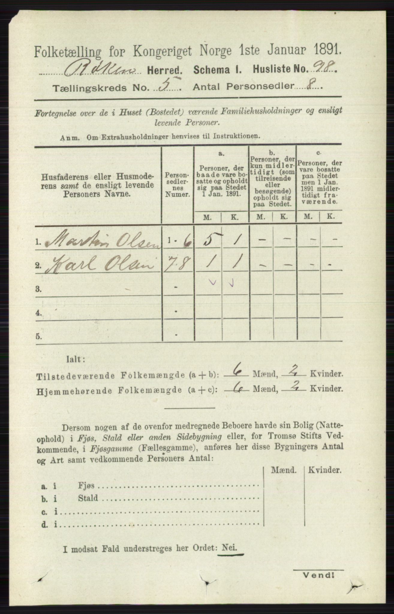 RA, 1891 census for 0627 Røyken, 1891, p. 2862
