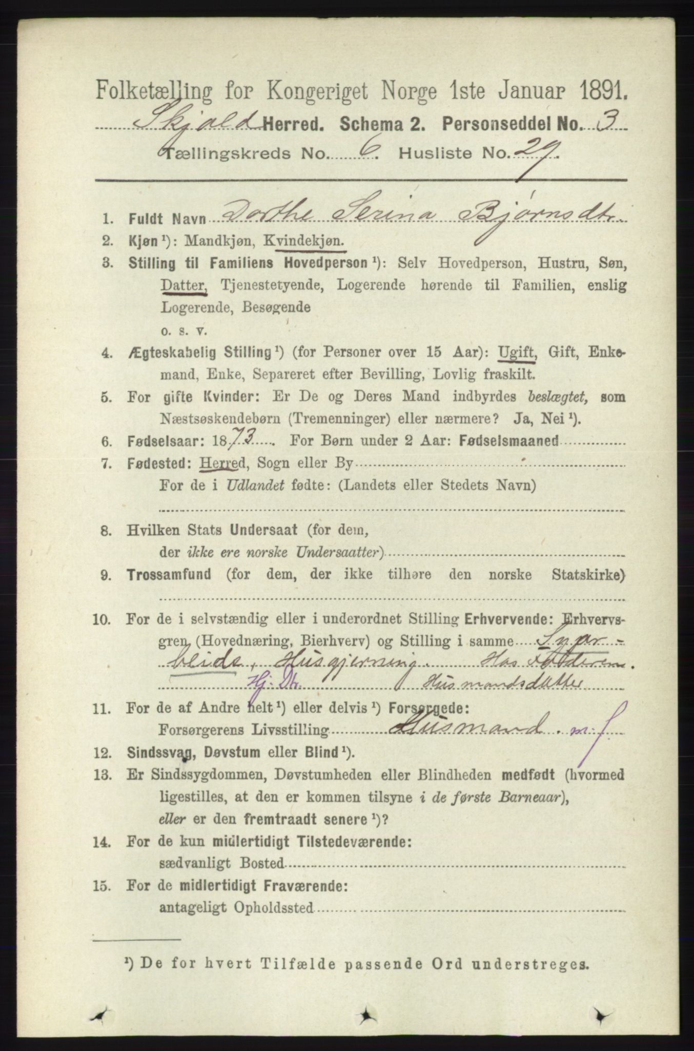 RA, 1891 census for 1154 Skjold, 1891, p. 1165