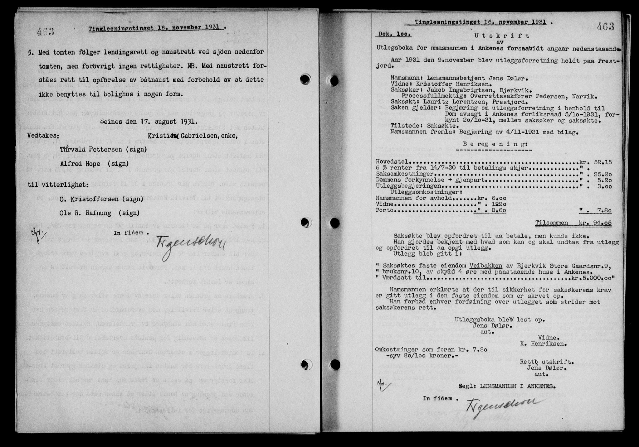 Steigen og Ofoten sorenskriveri, SAT/A-0030/1/2/2C/L0019: Mortgage book no. 22, 1931-1931, Deed date: 16.11.1931