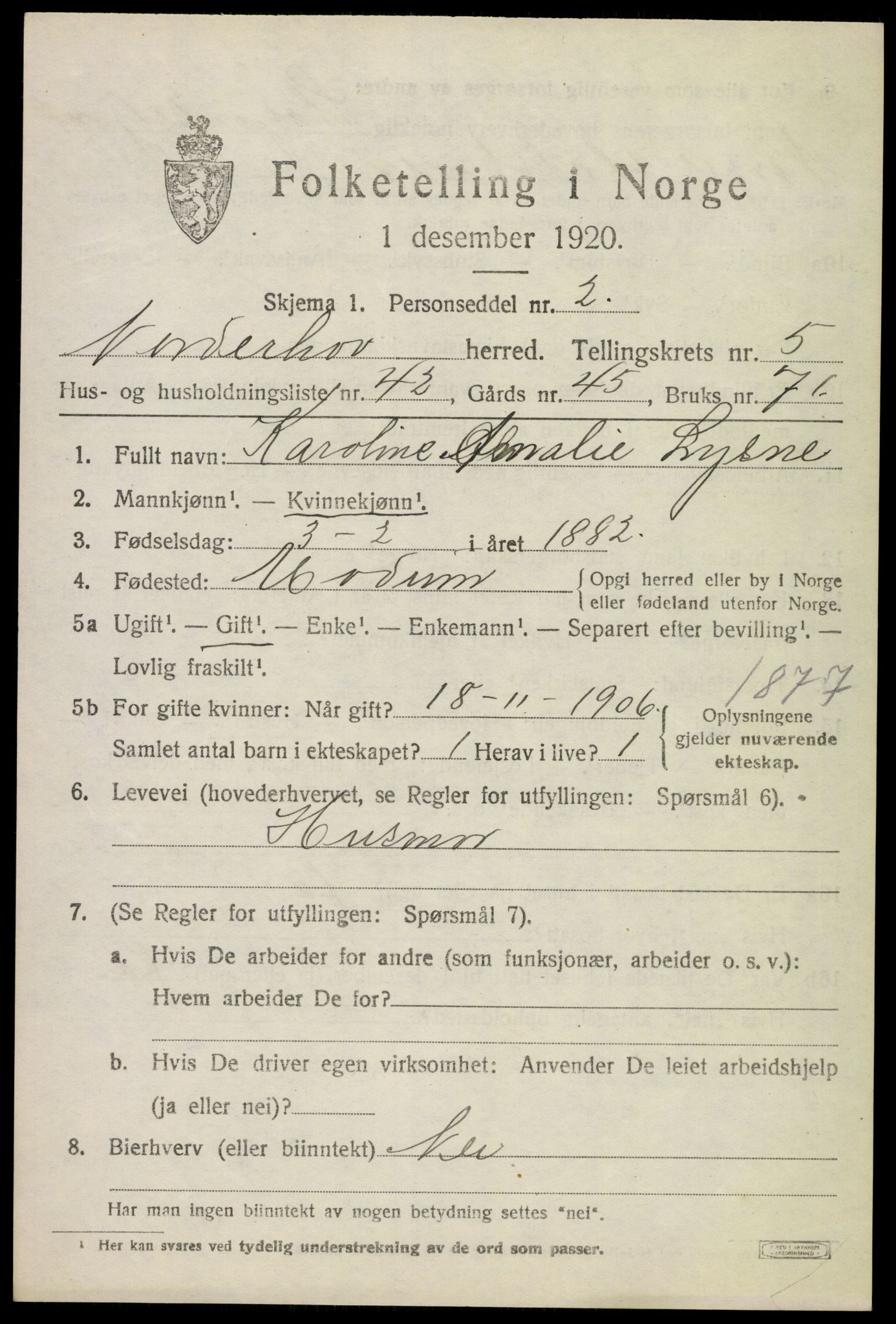 SAKO, 1920 census for Norderhov, 1920, p. 8201