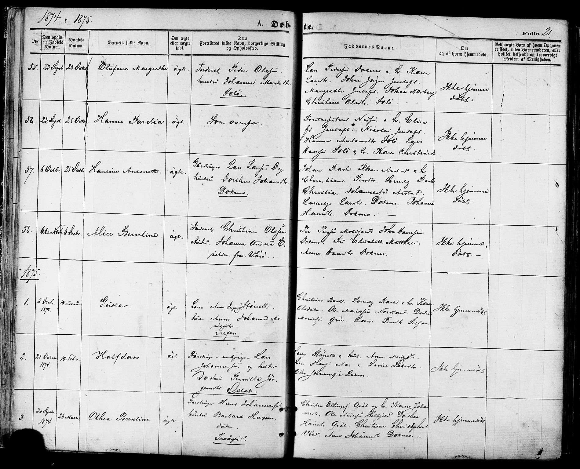 Ministerialprotokoller, klokkerbøker og fødselsregistre - Nordland, AV/SAT-A-1459/846/L0645: Parish register (official) no. 846A03, 1872-1886, p. 21