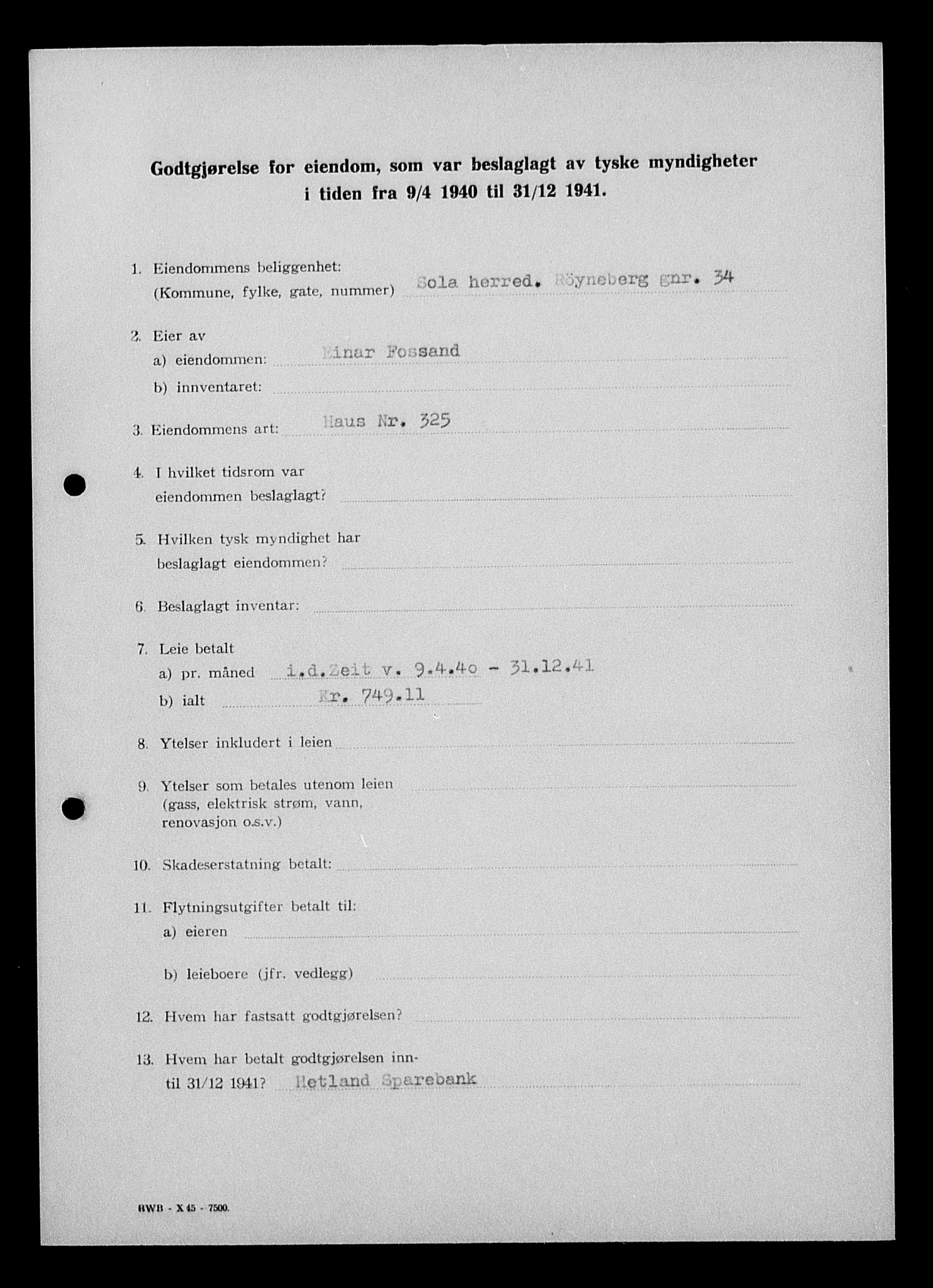 Justisdepartementet, Tilbakeføringskontoret for inndratte formuer, AV/RA-S-1564/I/L1014: Godtgjørelse for beslaglagt eiendom, 1940-1941, p. 254