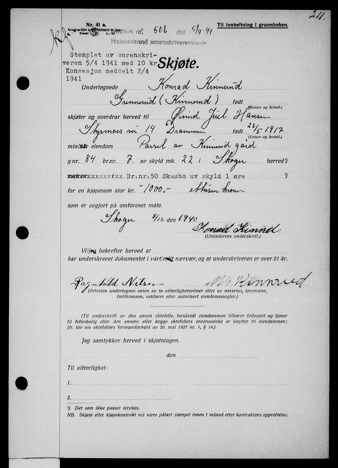 Holmestrand sorenskriveri, AV/SAKO-A-67/G/Ga/Gaa/L0053: Mortgage book no. A-53, 1941-1941, Diary no: : 506/1941