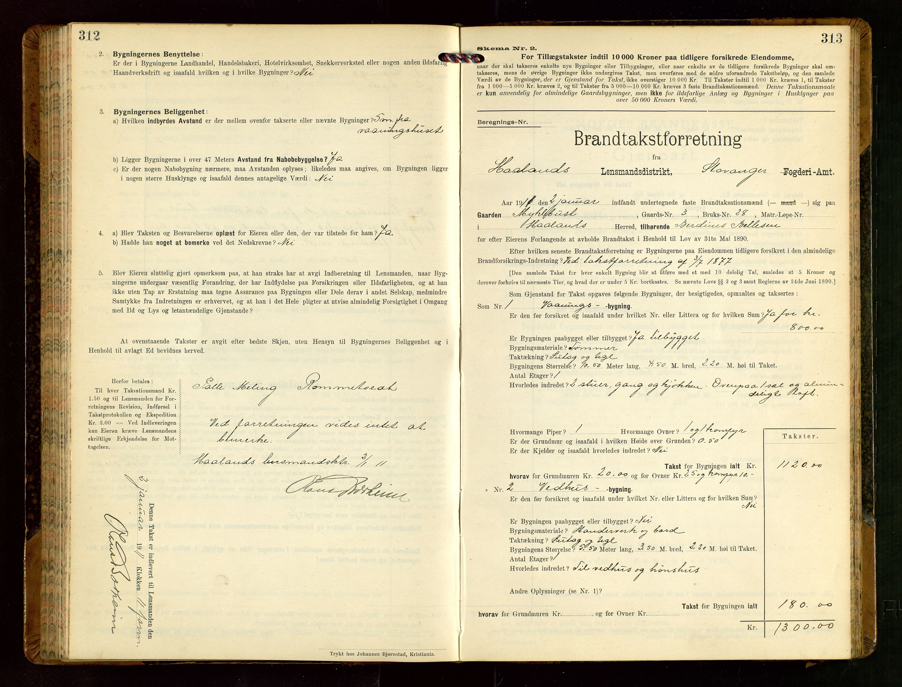 Håland lensmannskontor, AV/SAST-A-100100/Gob/L0004: Branntakstprotokoll - skjematakst. Register i boken., 1913-1915, p. 312-313