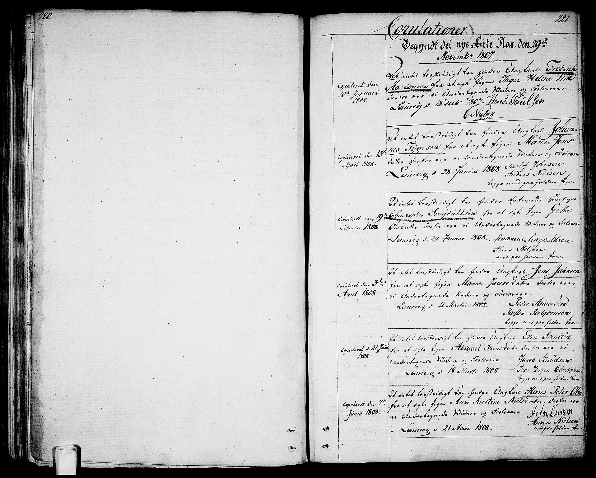 Larvik kirkebøker, SAKO/A-352/G/Ga/L0002: Parish register (copy) no. I 2, 1807-1830, p. 420-421