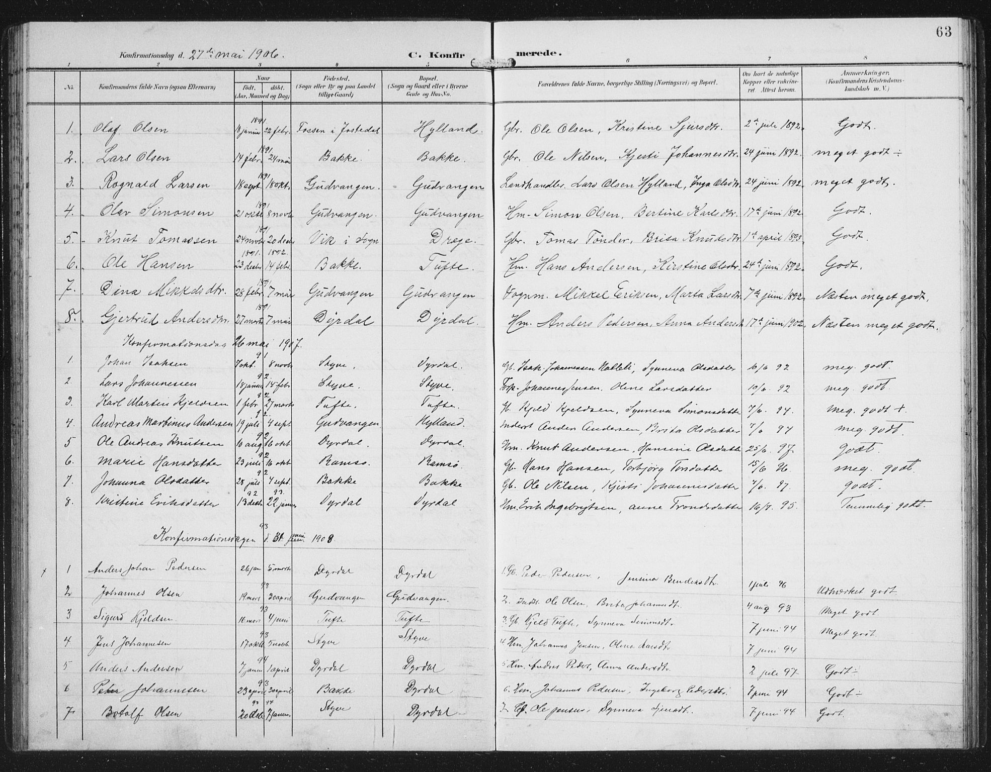 Aurland sokneprestembete, SAB/A-99937/H/Hb/Hbc/L0003: Parish register (copy) no. C 3, 1901-1933, p. 63