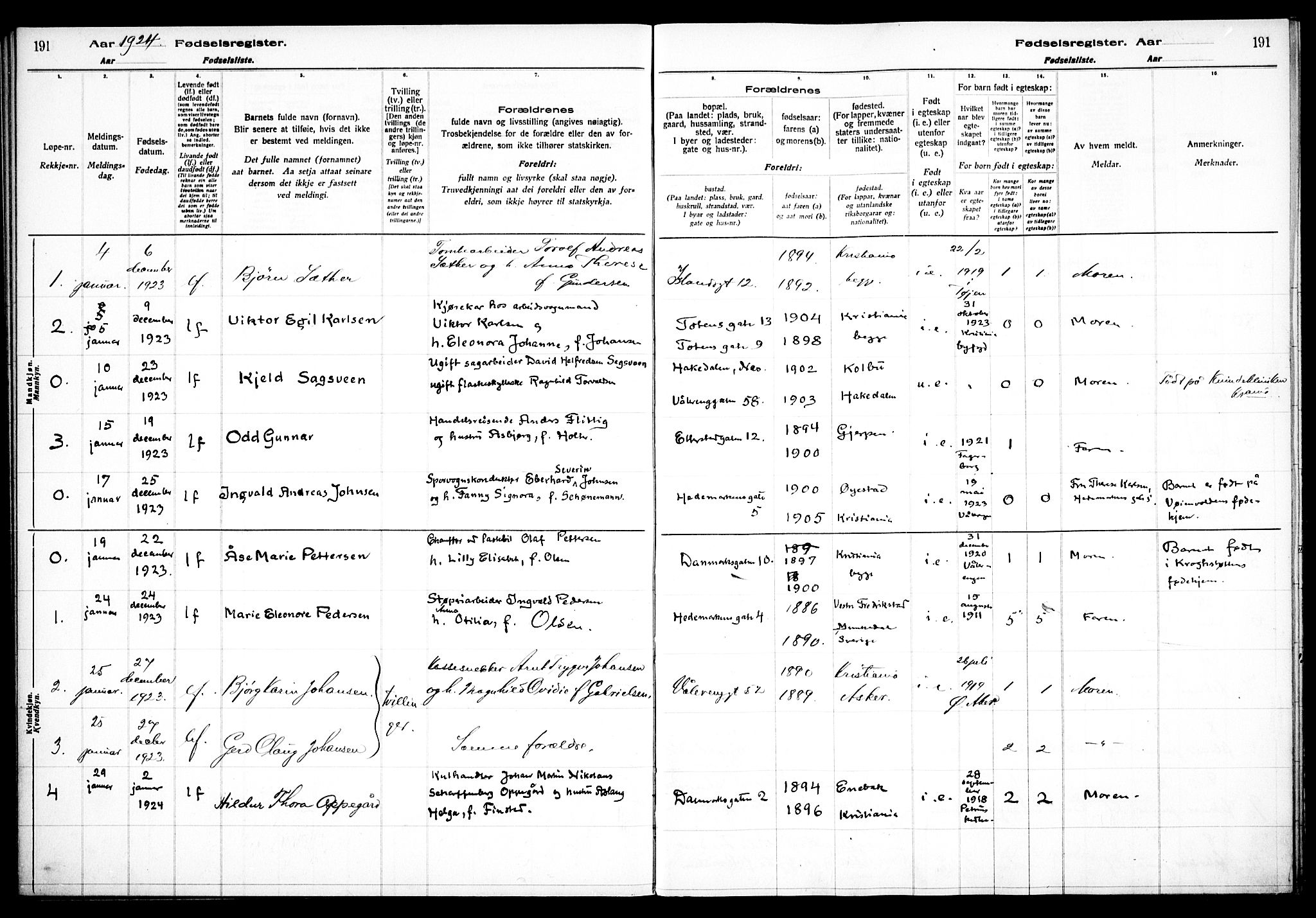 Vålerengen prestekontor Kirkebøker, AV/SAO-A-10878/J/Ja/L0001: Birth register no. 1, 1916-1924, p. 191