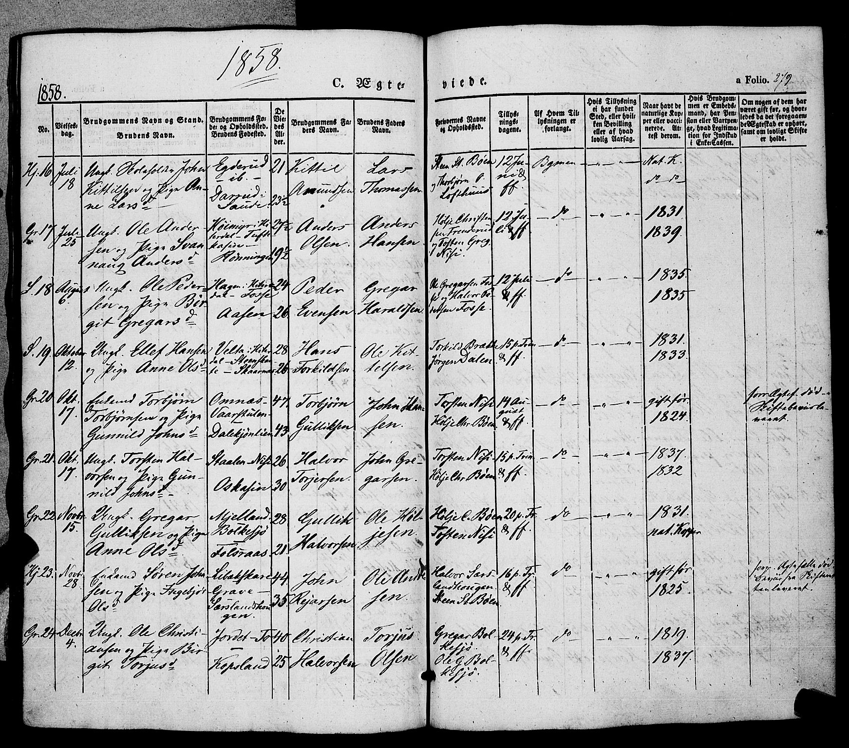 Hjartdal kirkebøker, SAKO/A-270/F/Fa/L0008: Parish register (official) no. I 8, 1844-1859, p. 279