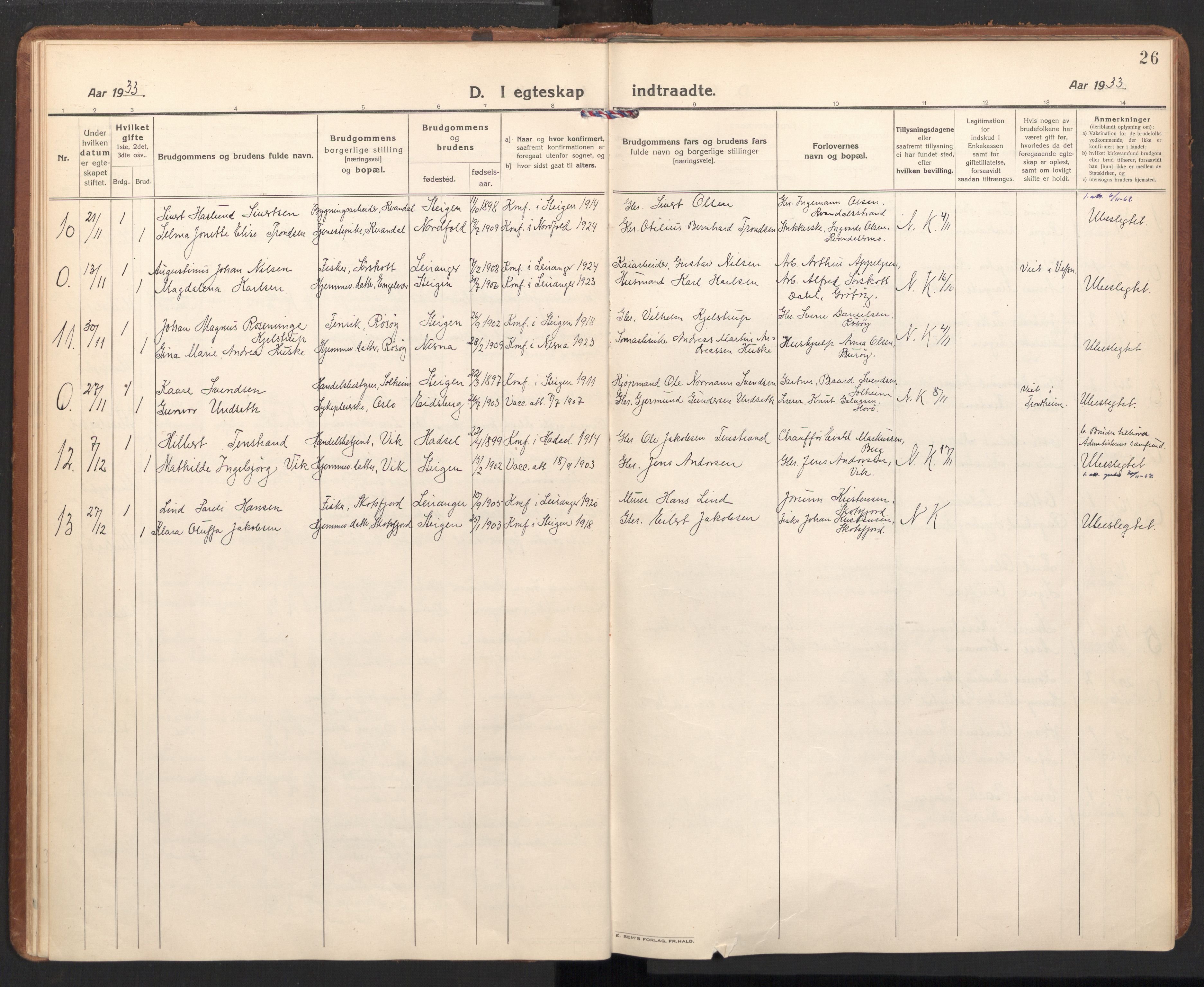 Ministerialprotokoller, klokkerbøker og fødselsregistre - Nordland, SAT/A-1459/855/L0809: Parish register (official) no. 855A18, 1921-1939, p. 26