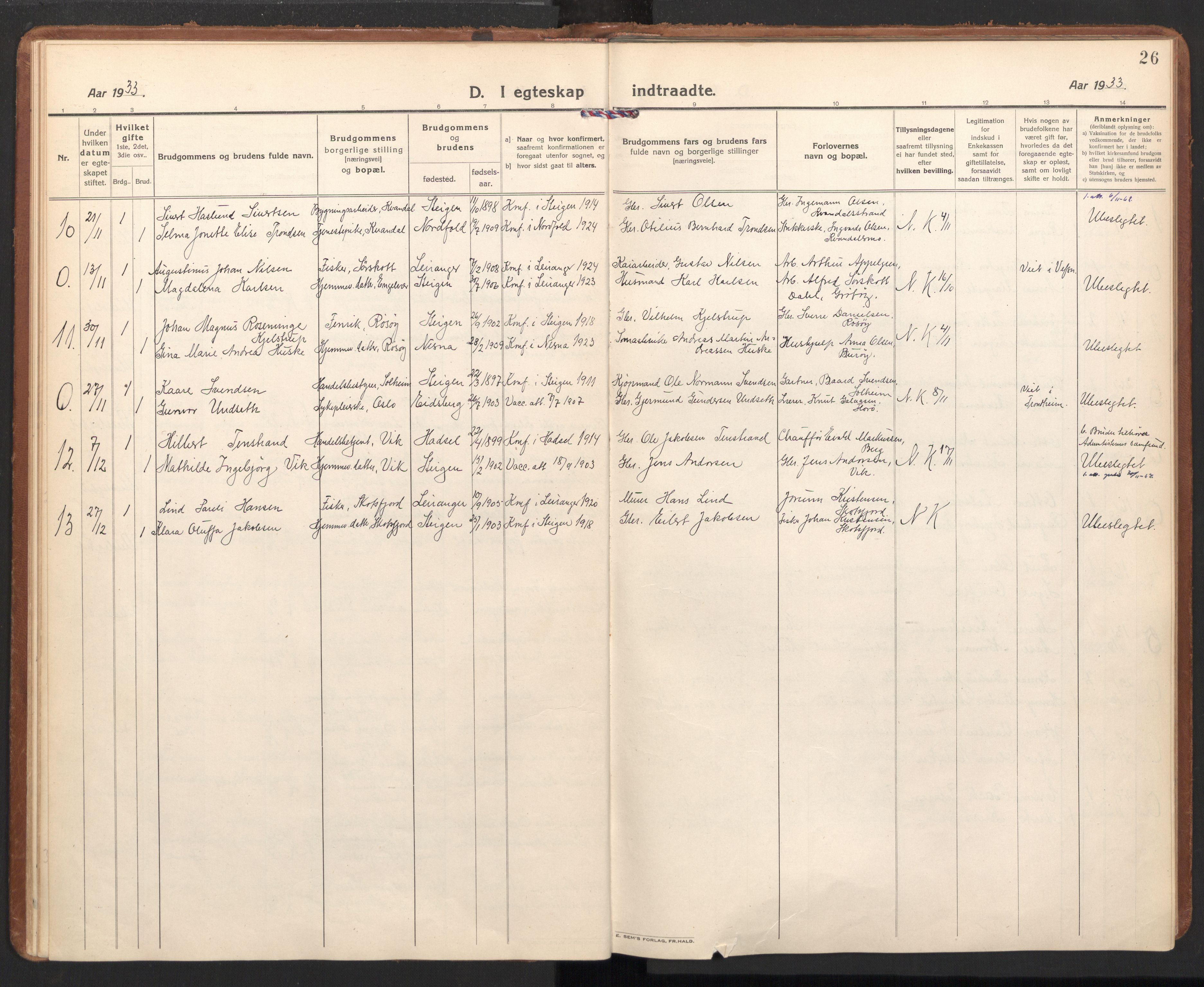 Ministerialprotokoller, klokkerbøker og fødselsregistre - Nordland, AV/SAT-A-1459/855/L0809: Parish register (official) no. 855A18, 1921-1939, p. 26