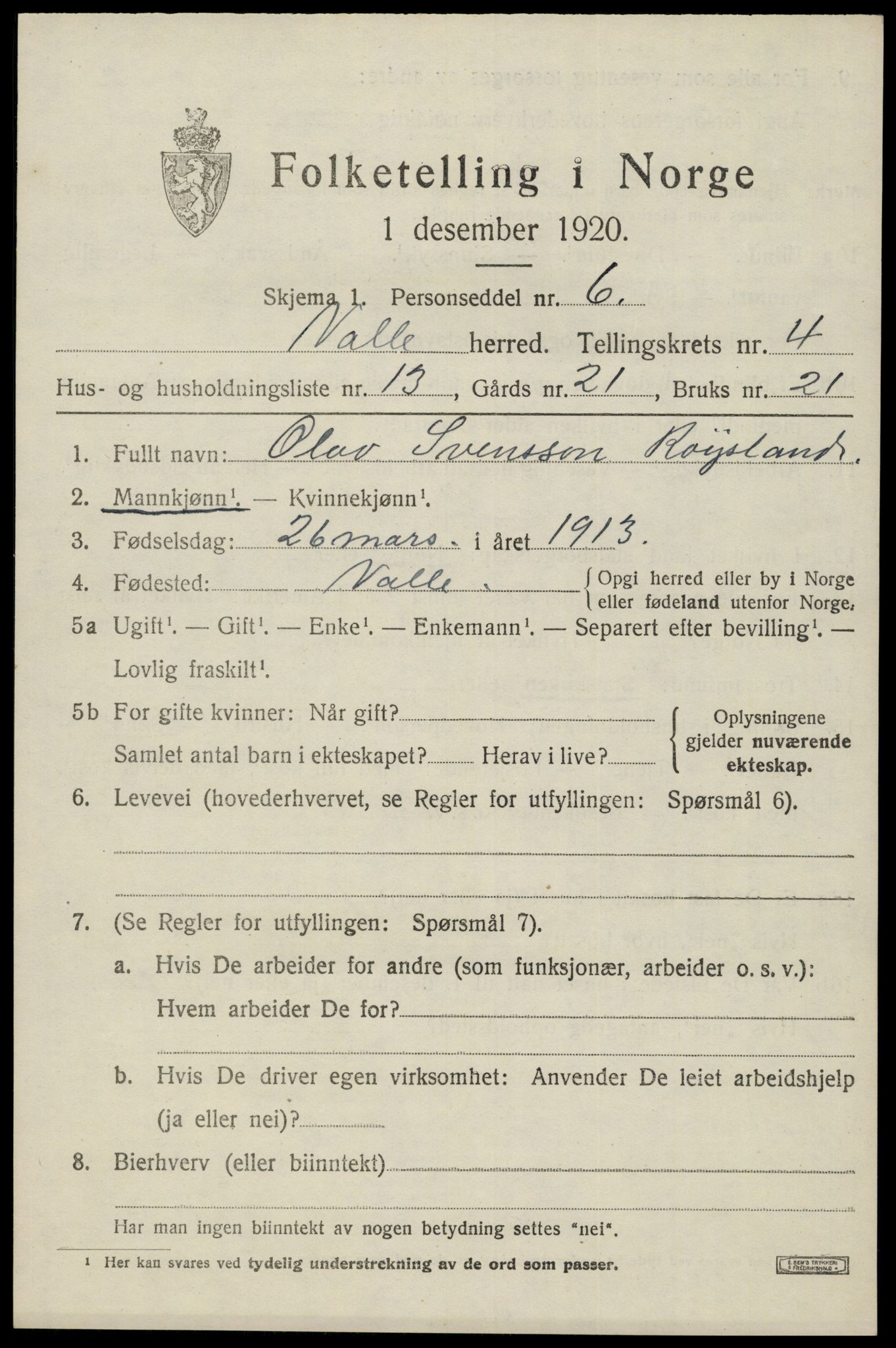 SAK, 1920 census for Valle, 1920, p. 2135