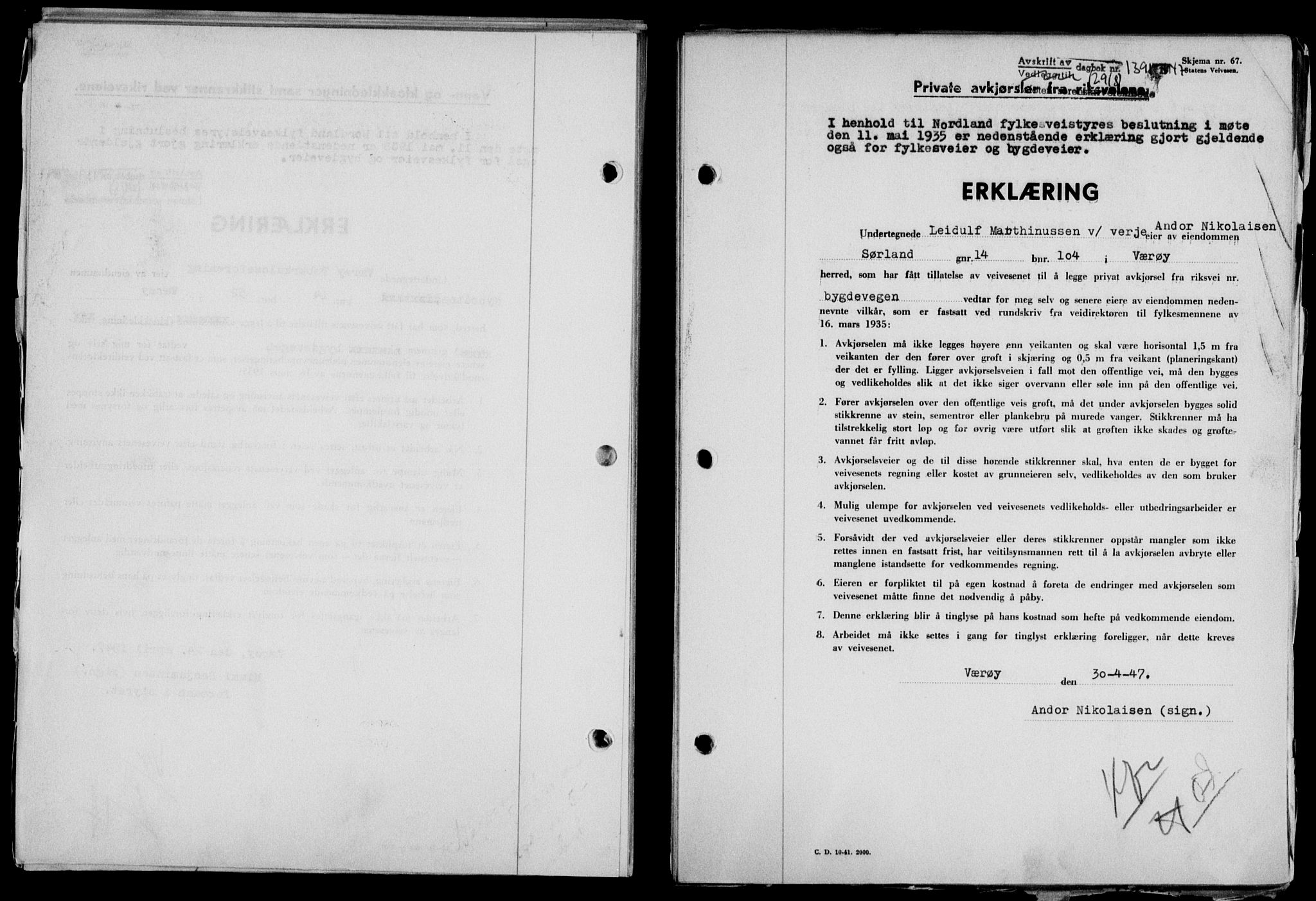 Lofoten sorenskriveri, SAT/A-0017/1/2/2C/L0016a: Mortgage book no. 16a, 1947-1947, Diary no: : 1391/1947