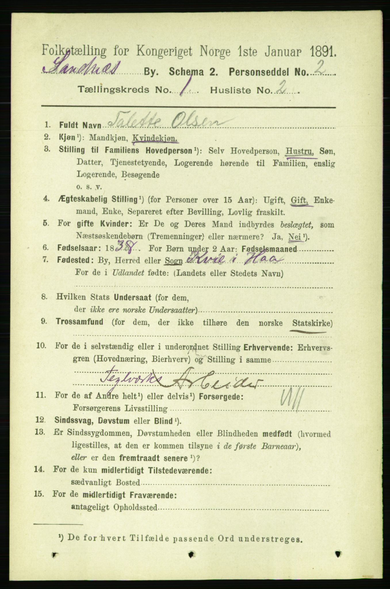 RA, 1891 census for 1102 Sandnes, 1891, p. 486