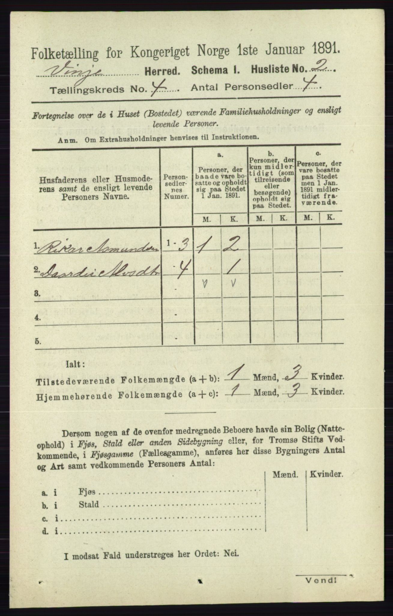 RA, 1891 census for 0834 Vinje, 1891, p. 907