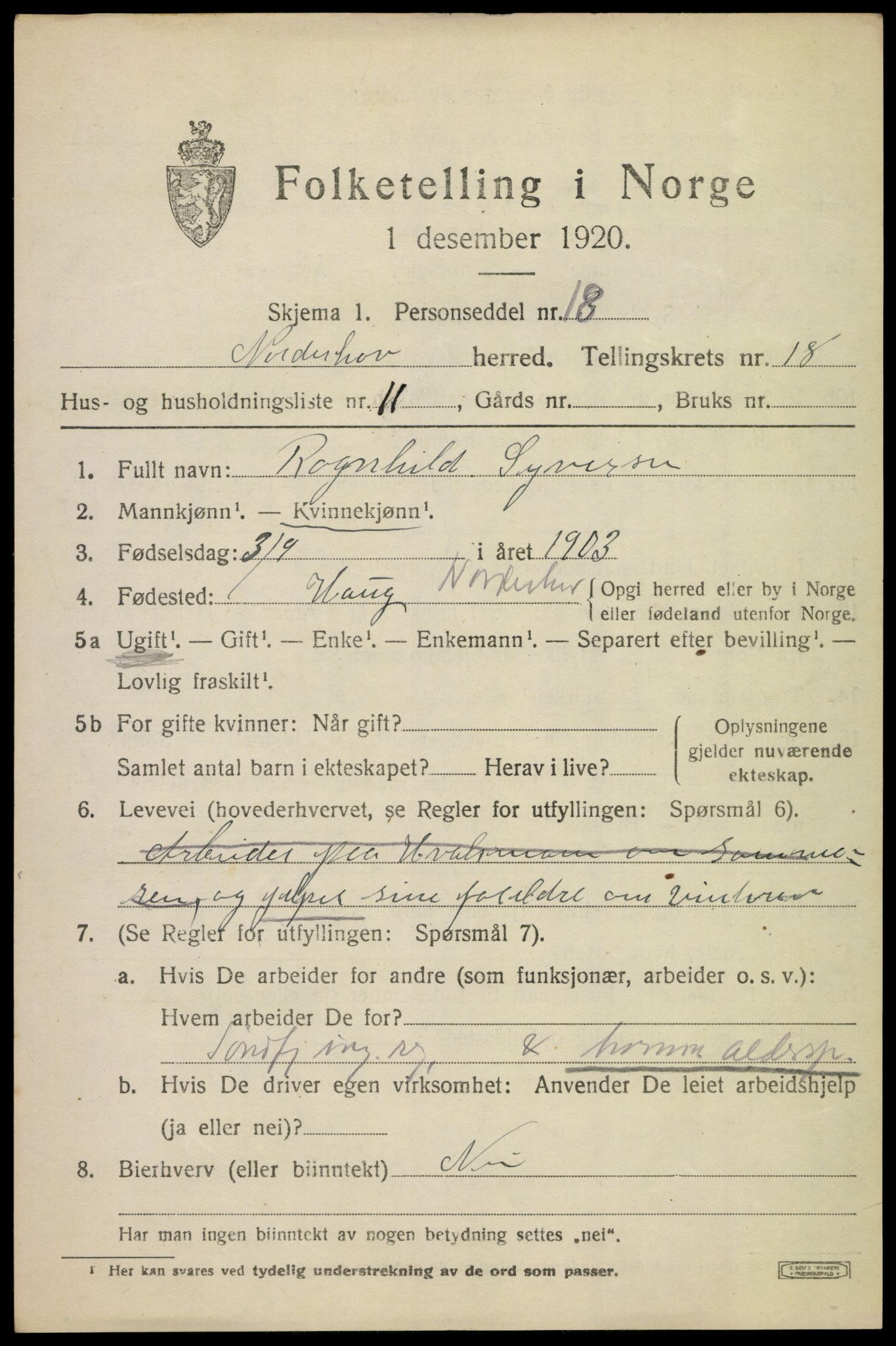 SAKO, 1920 census for Norderhov, 1920, p. 19752