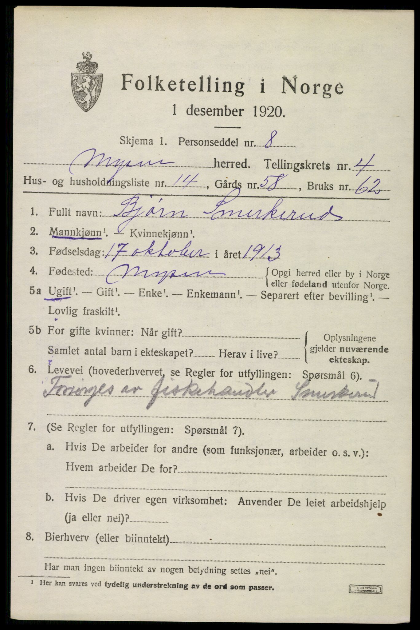 SAO, 1920 census for Mysen, 1920, p. 2667