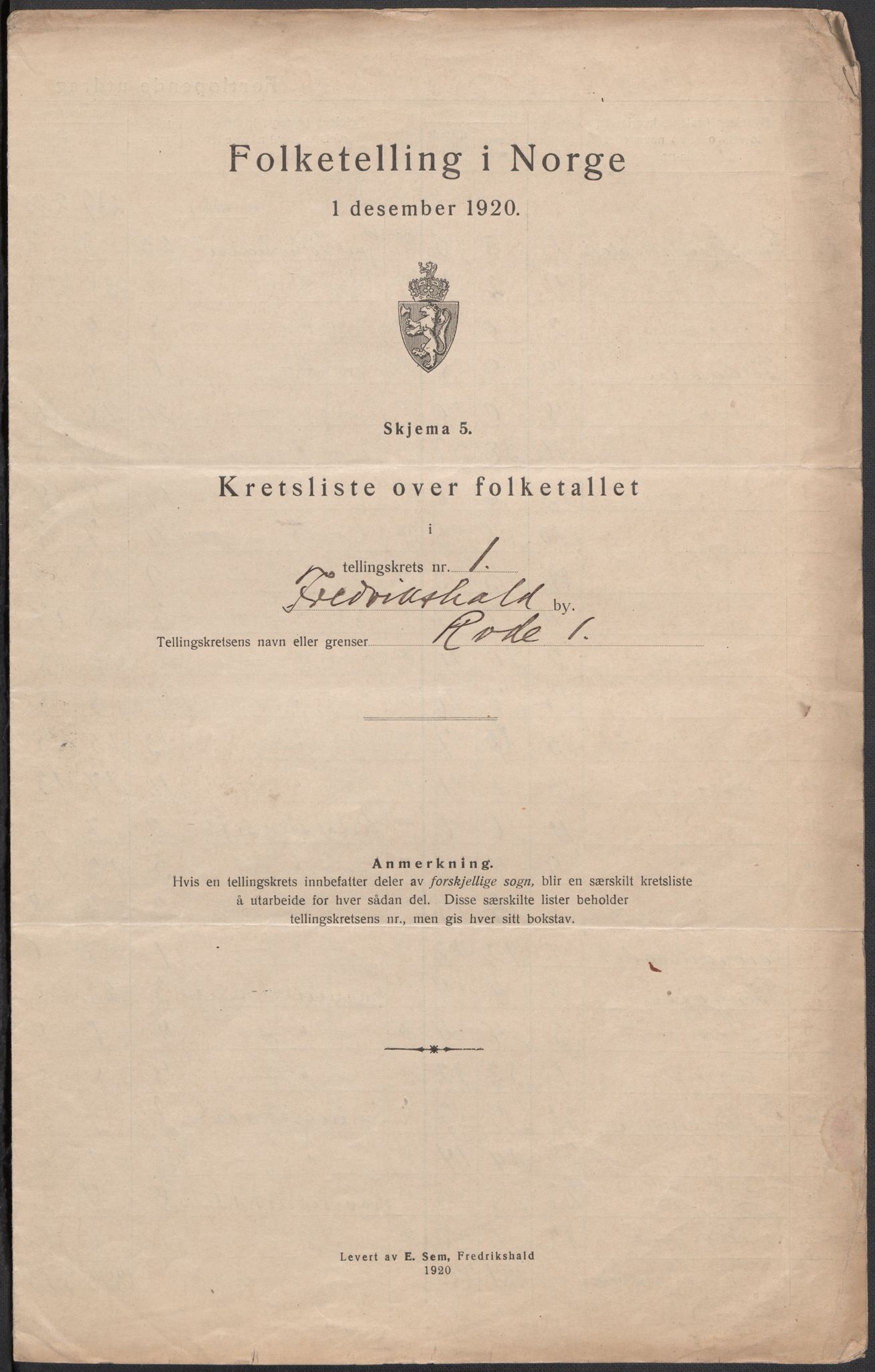 SAO, 1920 census for Fredrikshald, 1920, p. 6
