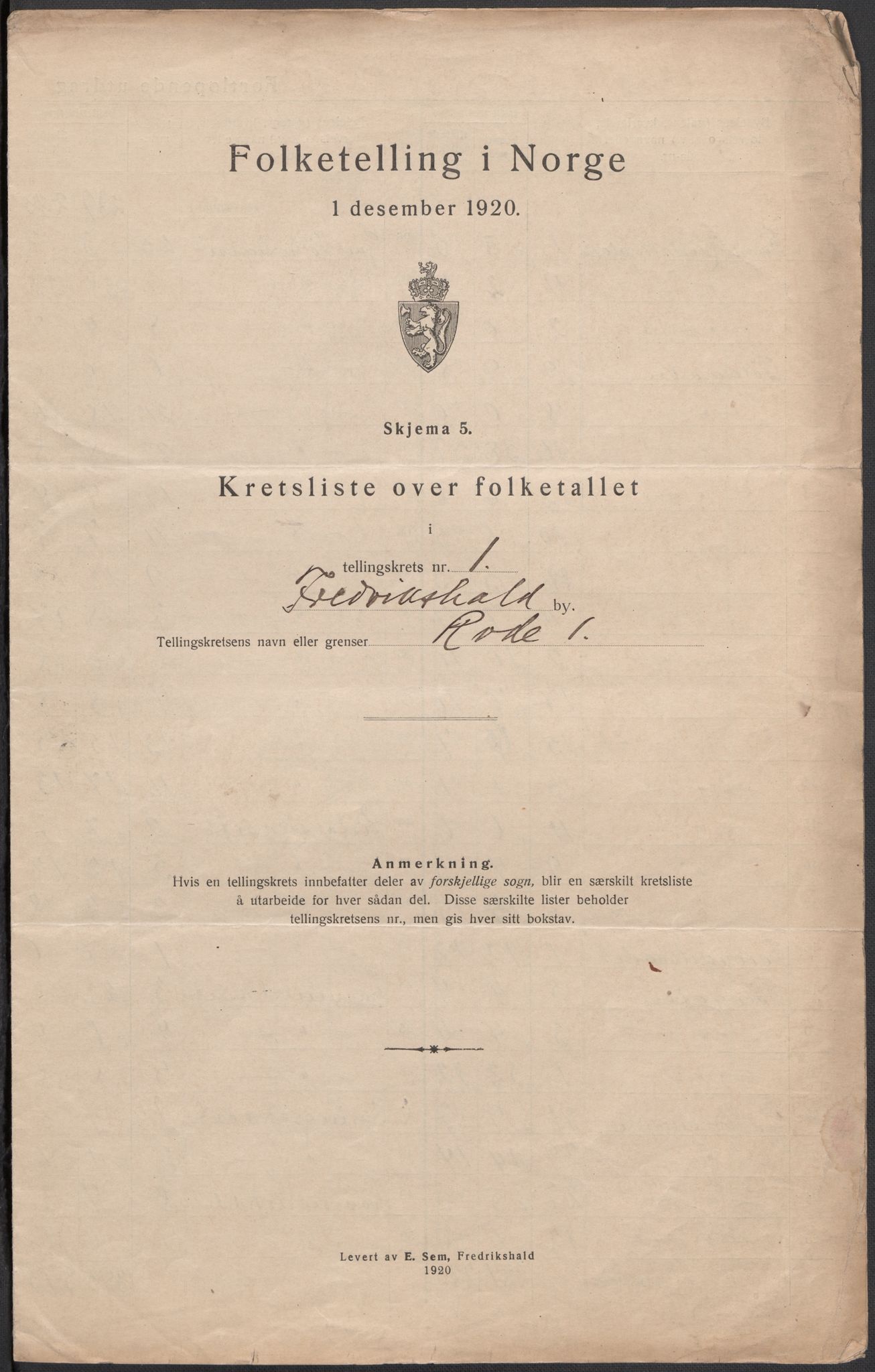 SAO, 1920 census for Fredrikshald, 1920, p. 6