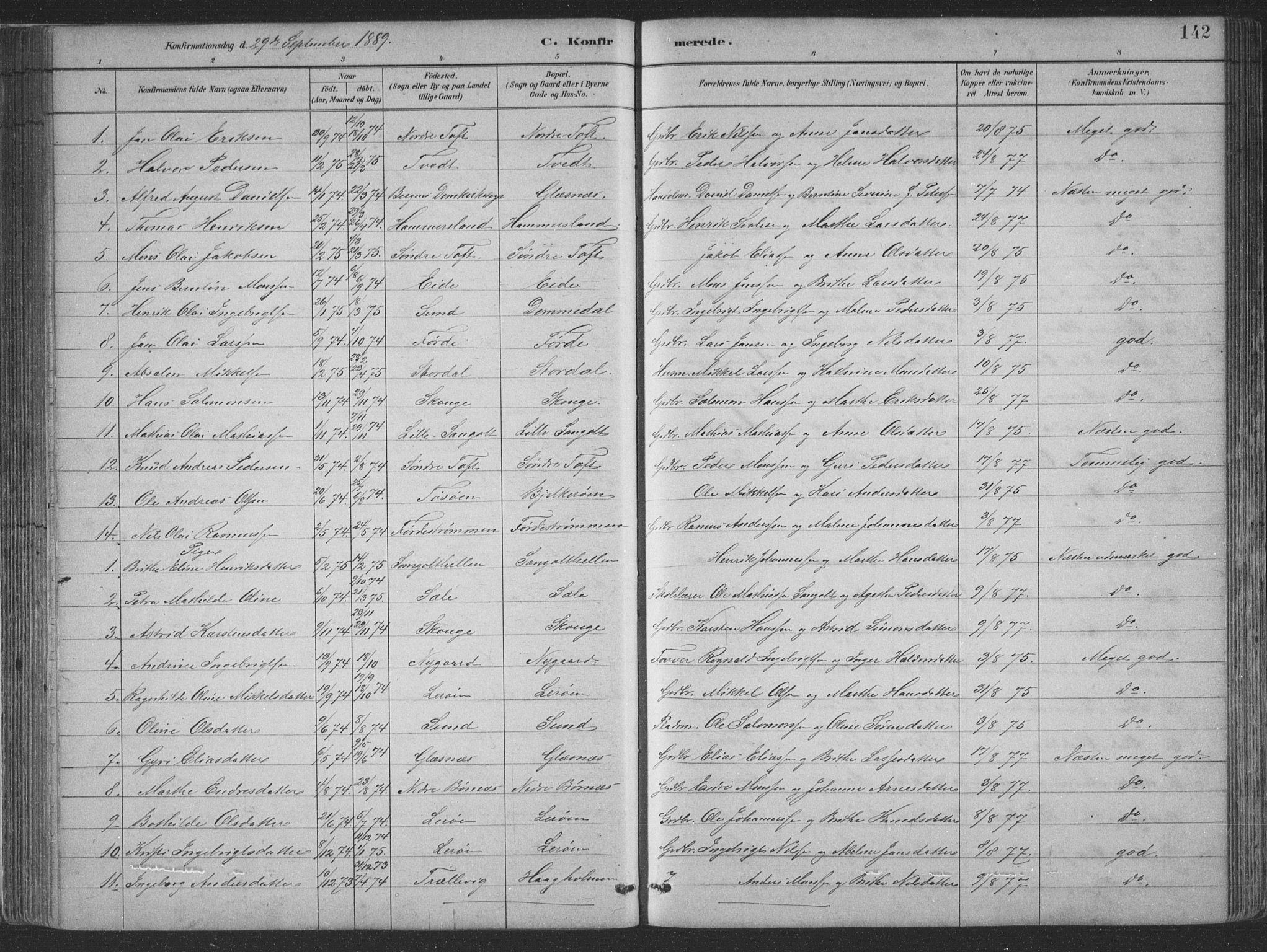 Sund sokneprestembete, AV/SAB-A-99930: Parish register (copy) no. B 3, 1882-1911, p. 142