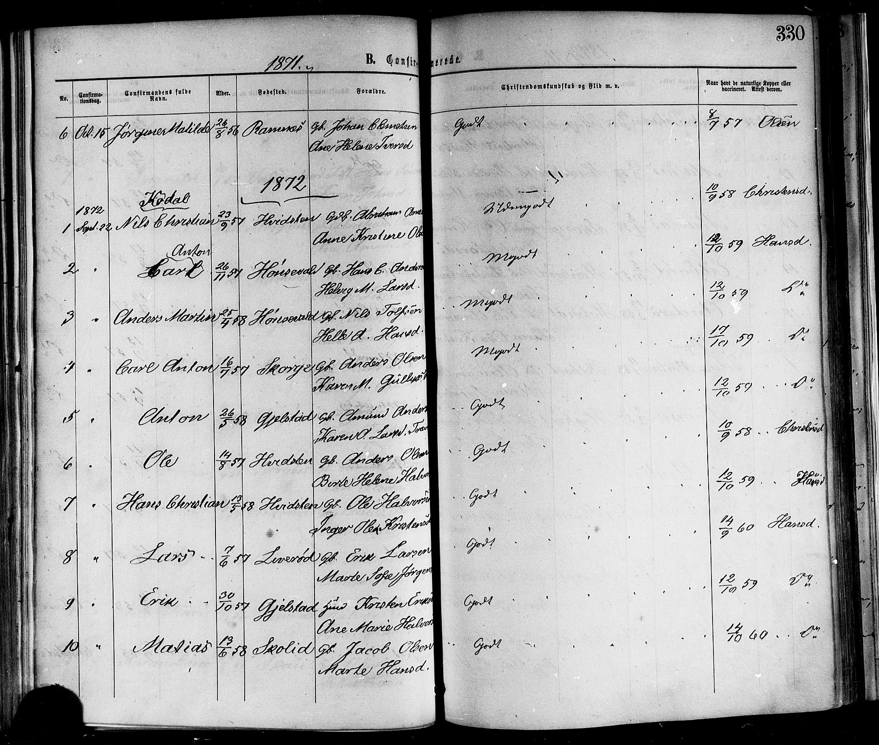 Andebu kirkebøker, AV/SAKO-A-336/F/Fa/L0006: Parish register (official) no. 6, 1871-1878, p. 330