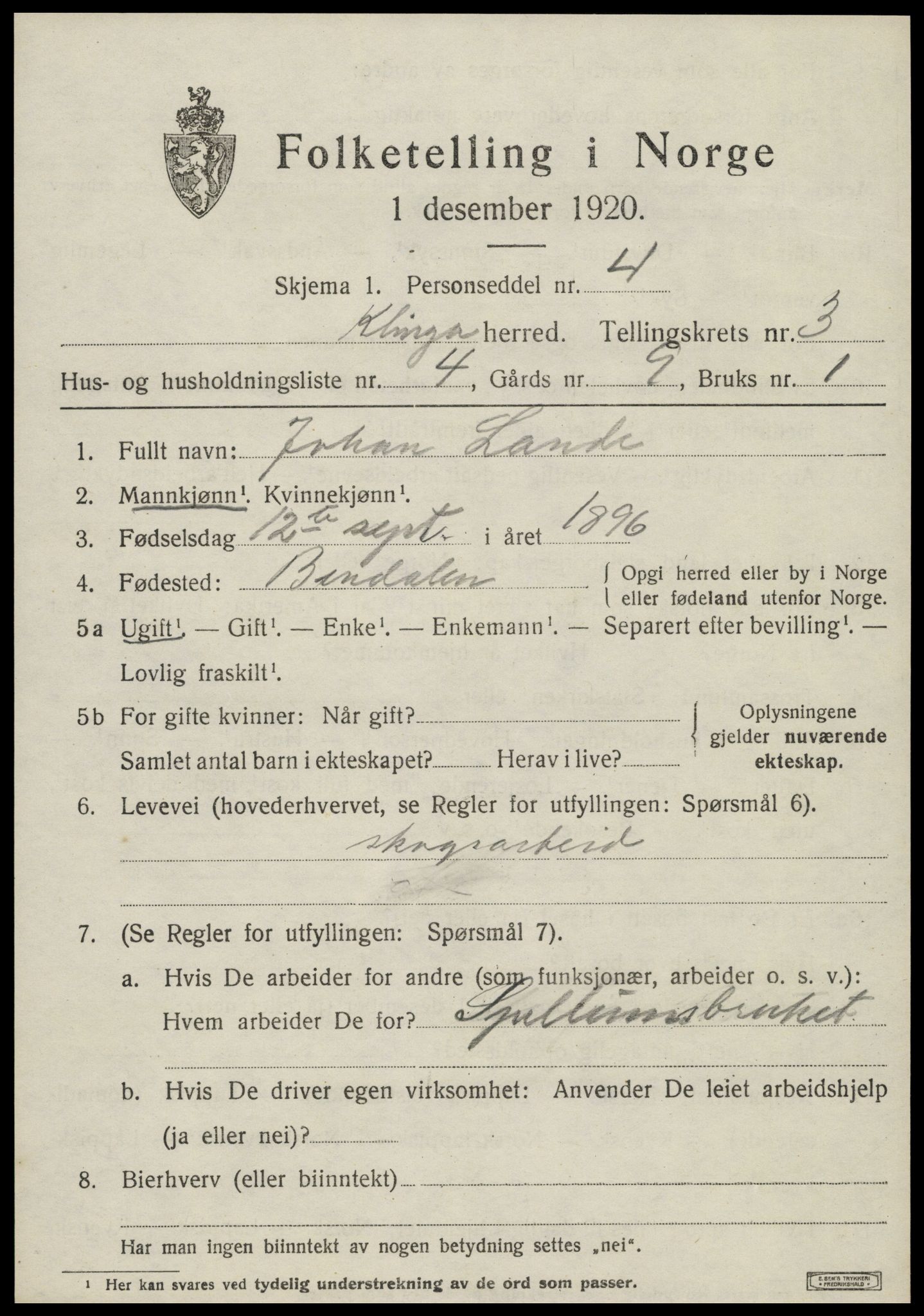 SAT, 1920 census for Klinga, 1920, p. 2115