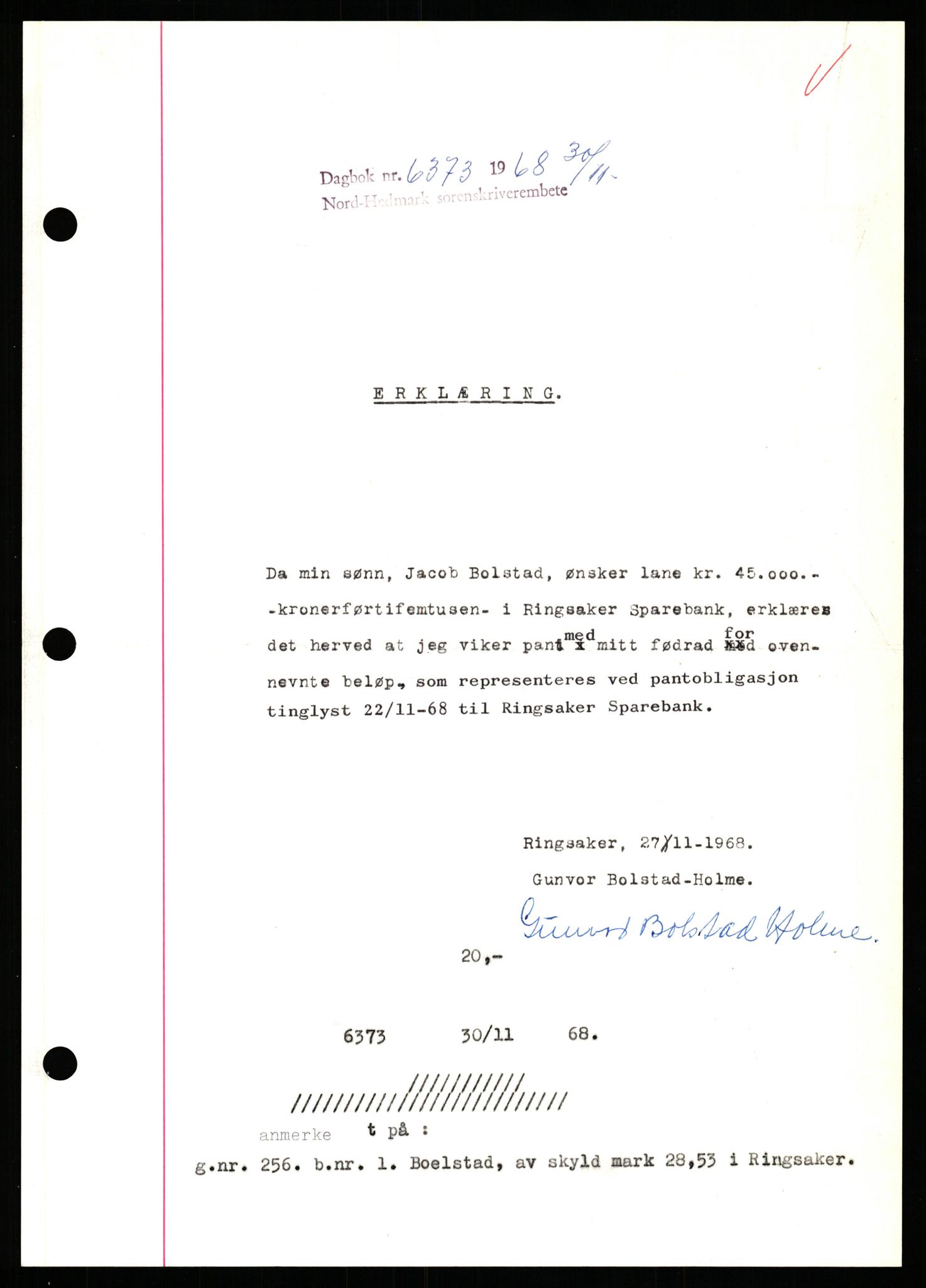 Nord-Hedmark sorenskriveri, SAH/TING-012/H/Hb/Hbf/L0077: Mortgage book no. B77, 1968-1969, Diary no: : 6373/1968