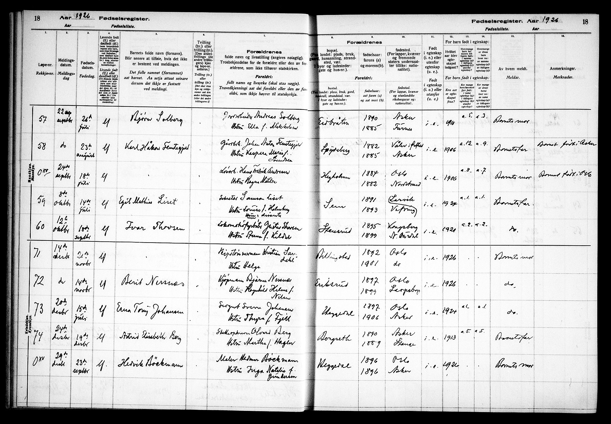 Asker prestekontor Kirkebøker, AV/SAO-A-10256a/J/L0002: Birth register no. 2, 1925-1938, p. 18