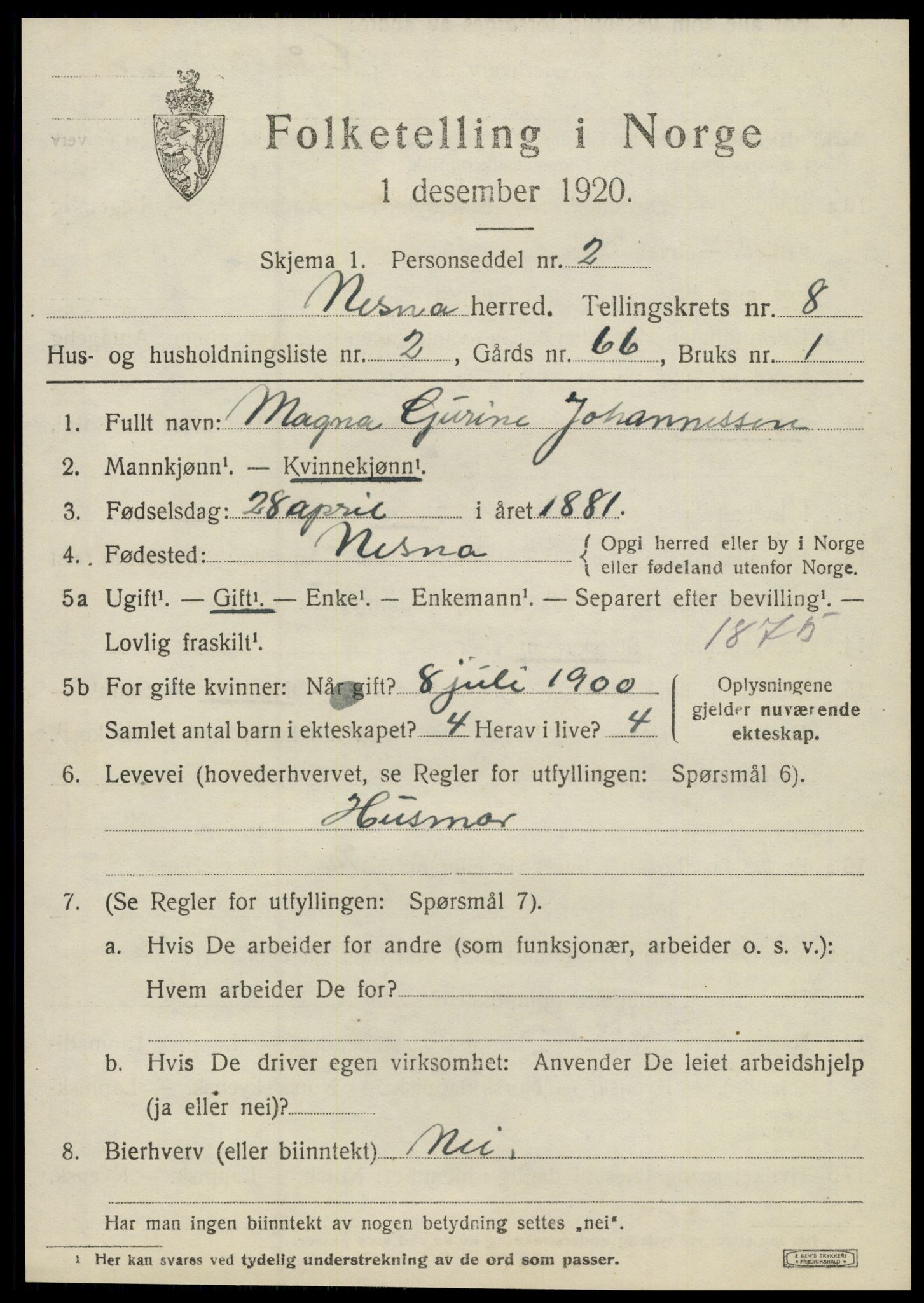 SAT, 1920 census for Nesna, 1920, p. 6567