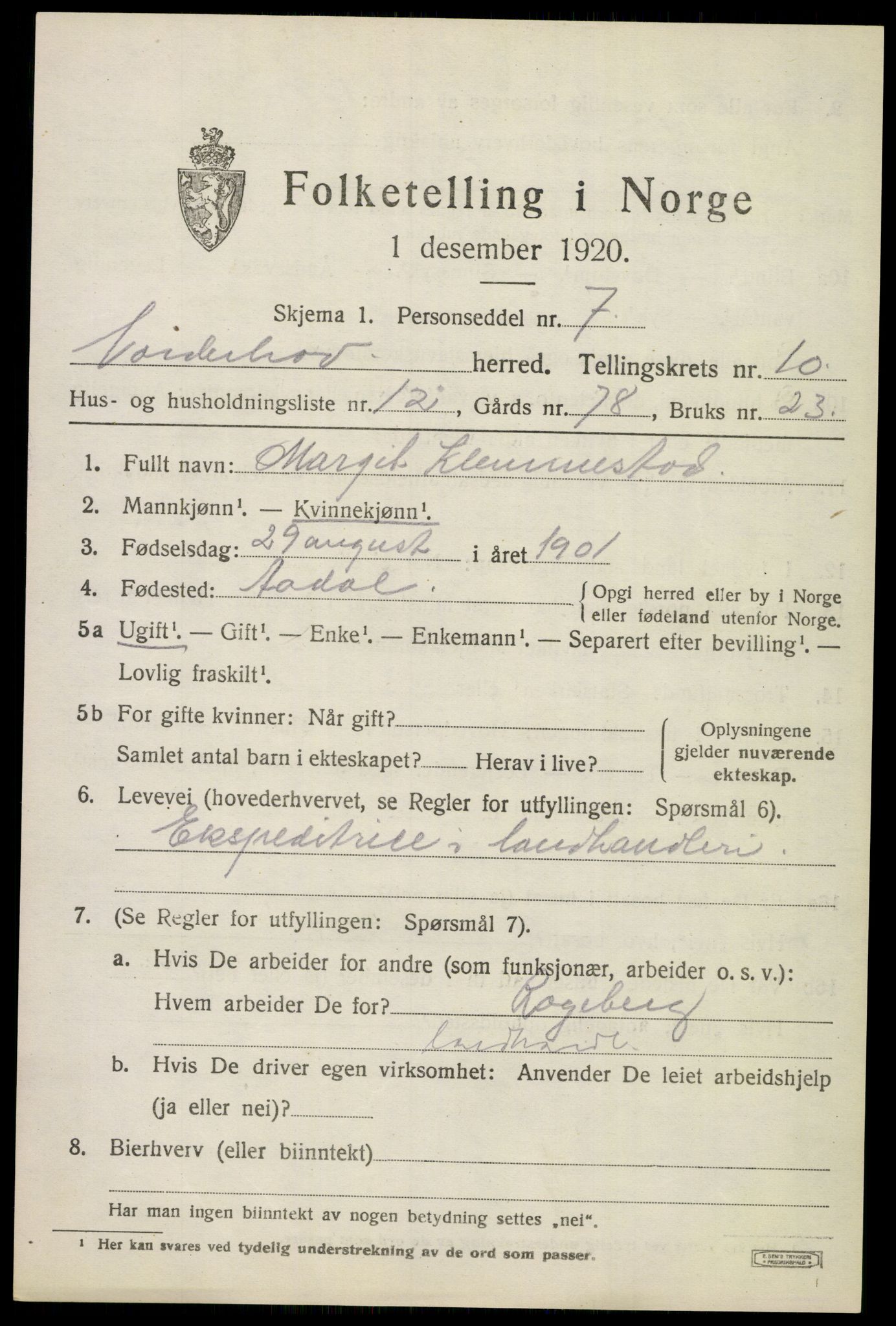 SAKO, 1920 census for Norderhov, 1920, p. 12166