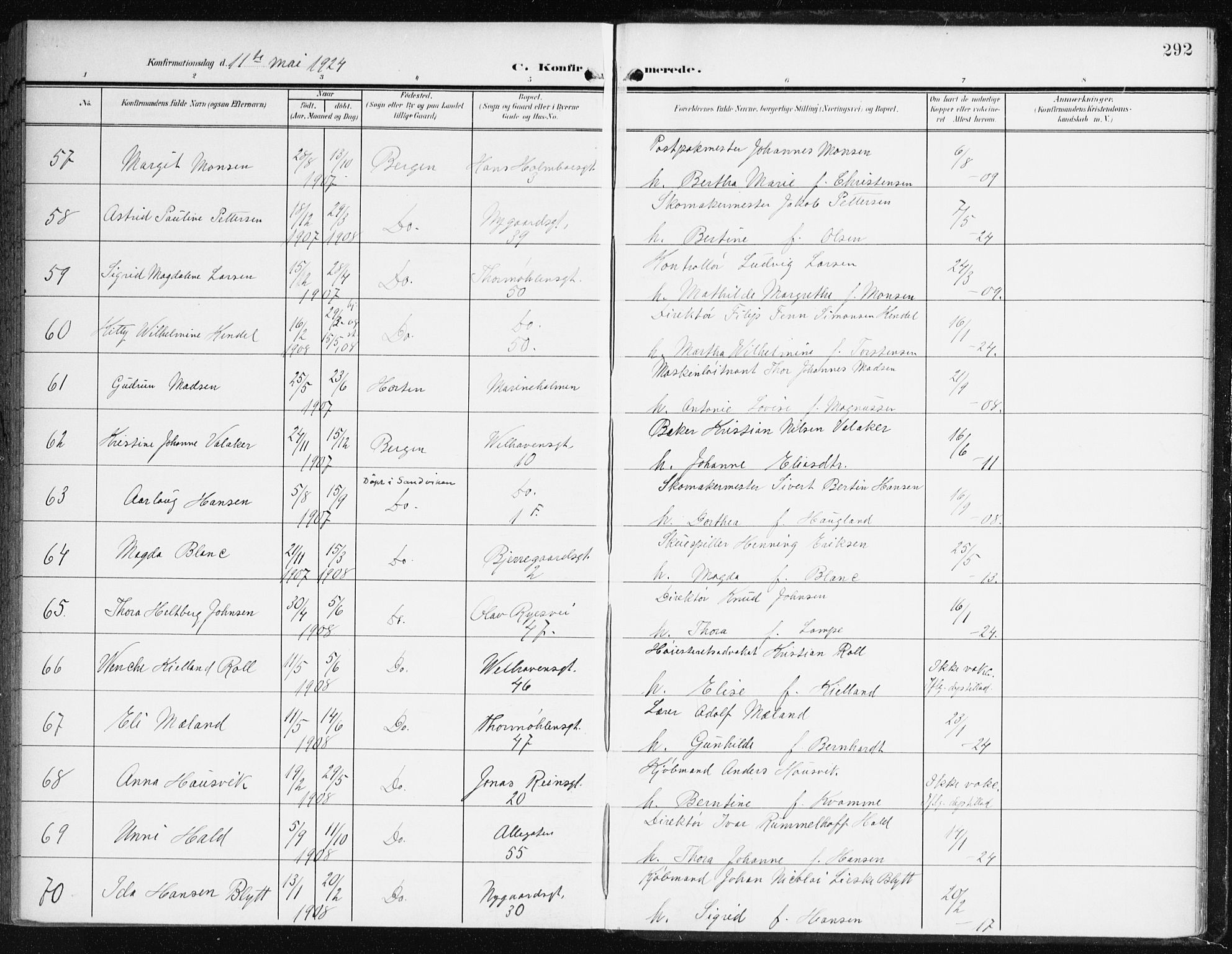 Johanneskirken sokneprestembete, AV/SAB-A-76001/H/Haa/L0009: Parish register (official) no. C 2, 1907-1924, p. 292