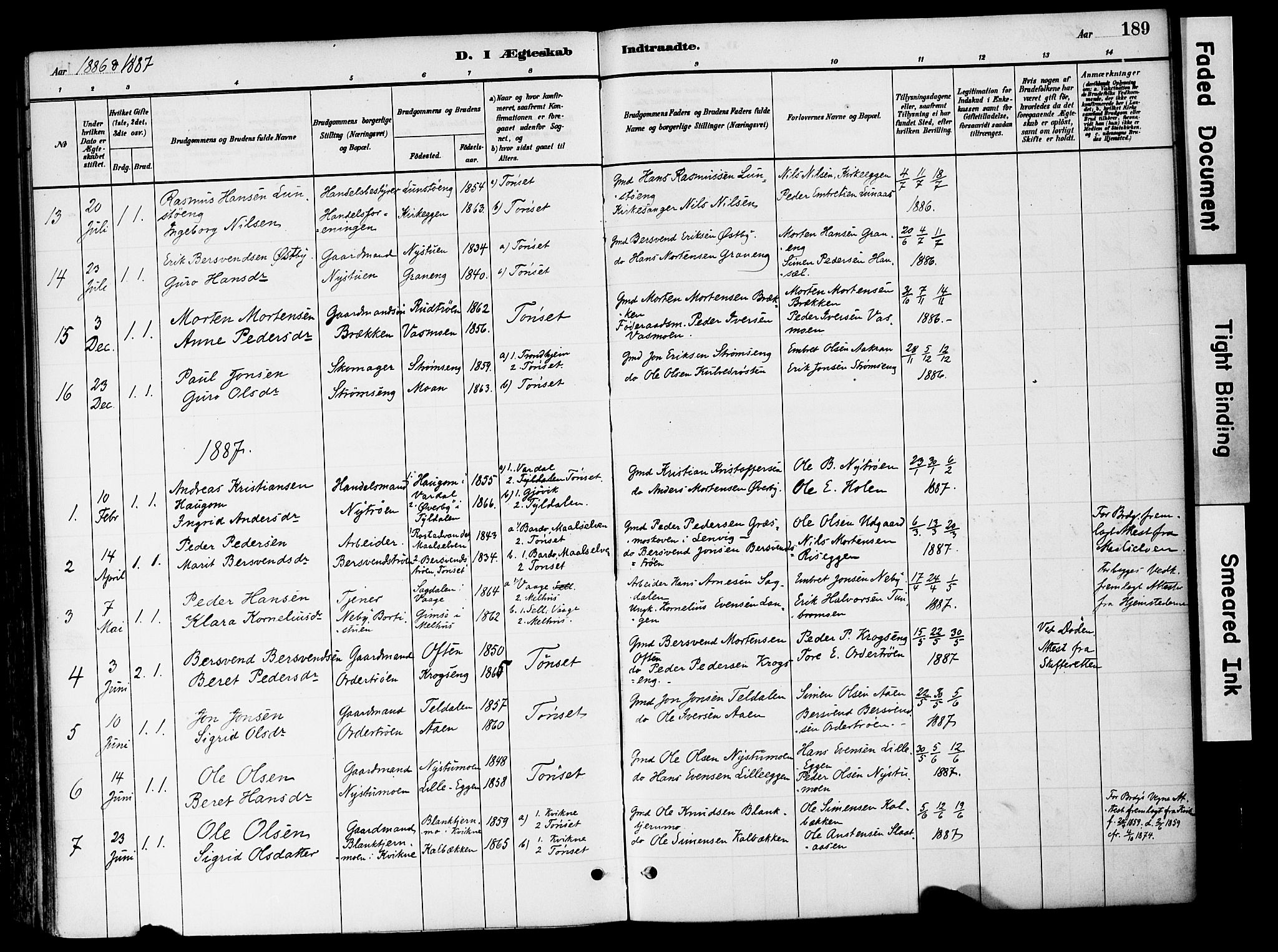 Tynset prestekontor, SAH/PREST-058/H/Ha/Haa/L0022: Parish register (official) no. 22, 1880-1899, p. 189