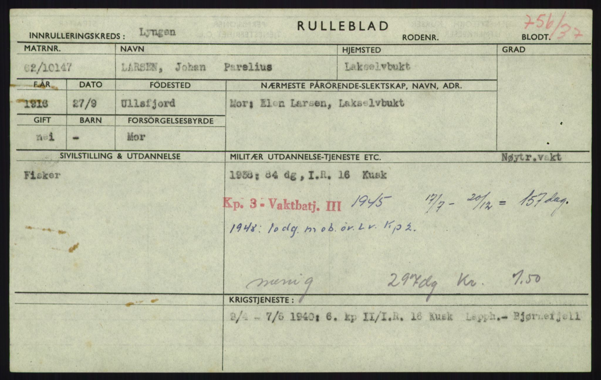 Forsvaret, Troms infanteriregiment nr. 16, AV/RA-RAFA-3146/P/Pa/L0021: Rulleblad for regimentets menige mannskaper, årsklasse 1937, 1937, p. 679