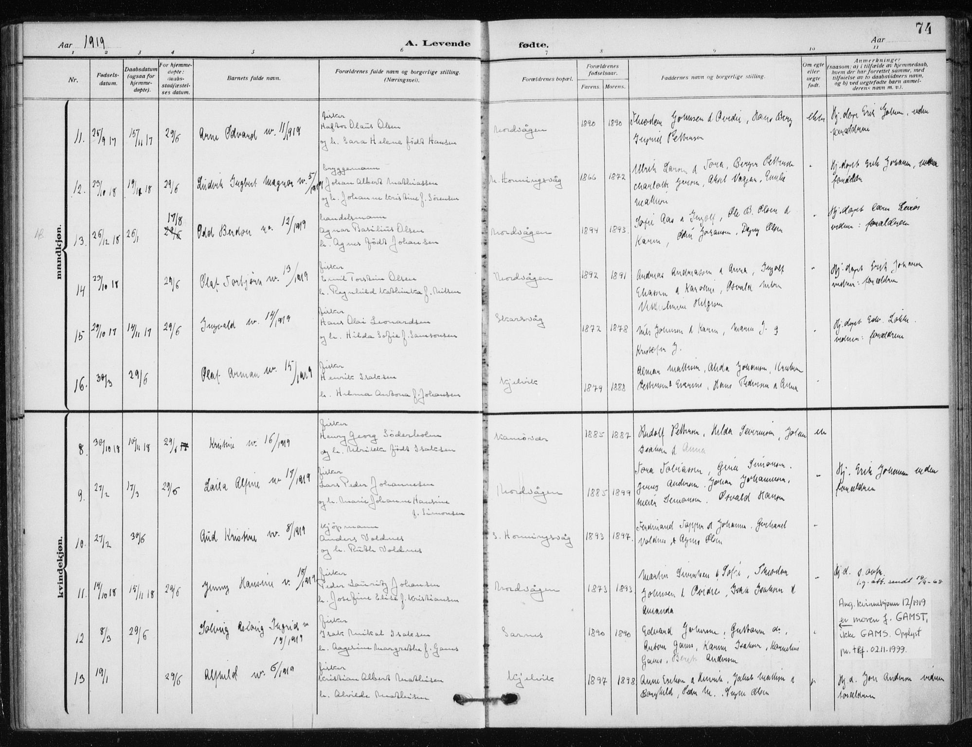 Kjelvik/Nordkapp sokneprestkontor, AV/SATØ-S-1350/H/Ha/L0001kirke: Parish register (official) no. 1, 1911-1919, p. 74