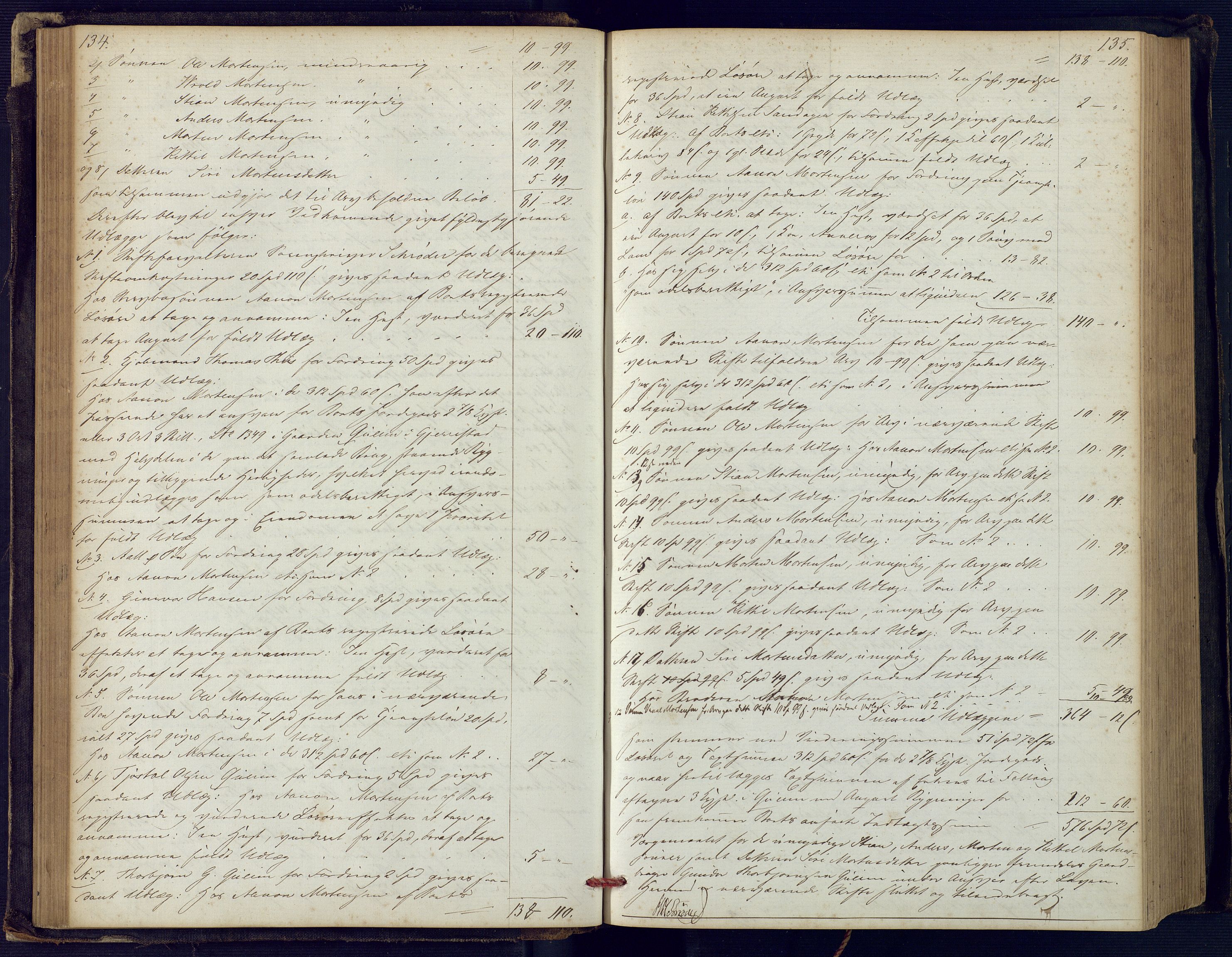 Holt sorenskriveri, SAK/1221-0002/H/Hc/L0029: Skifteutlodningsprotokoll nr. 4 med løst register, 1857-1862, p. 134-135