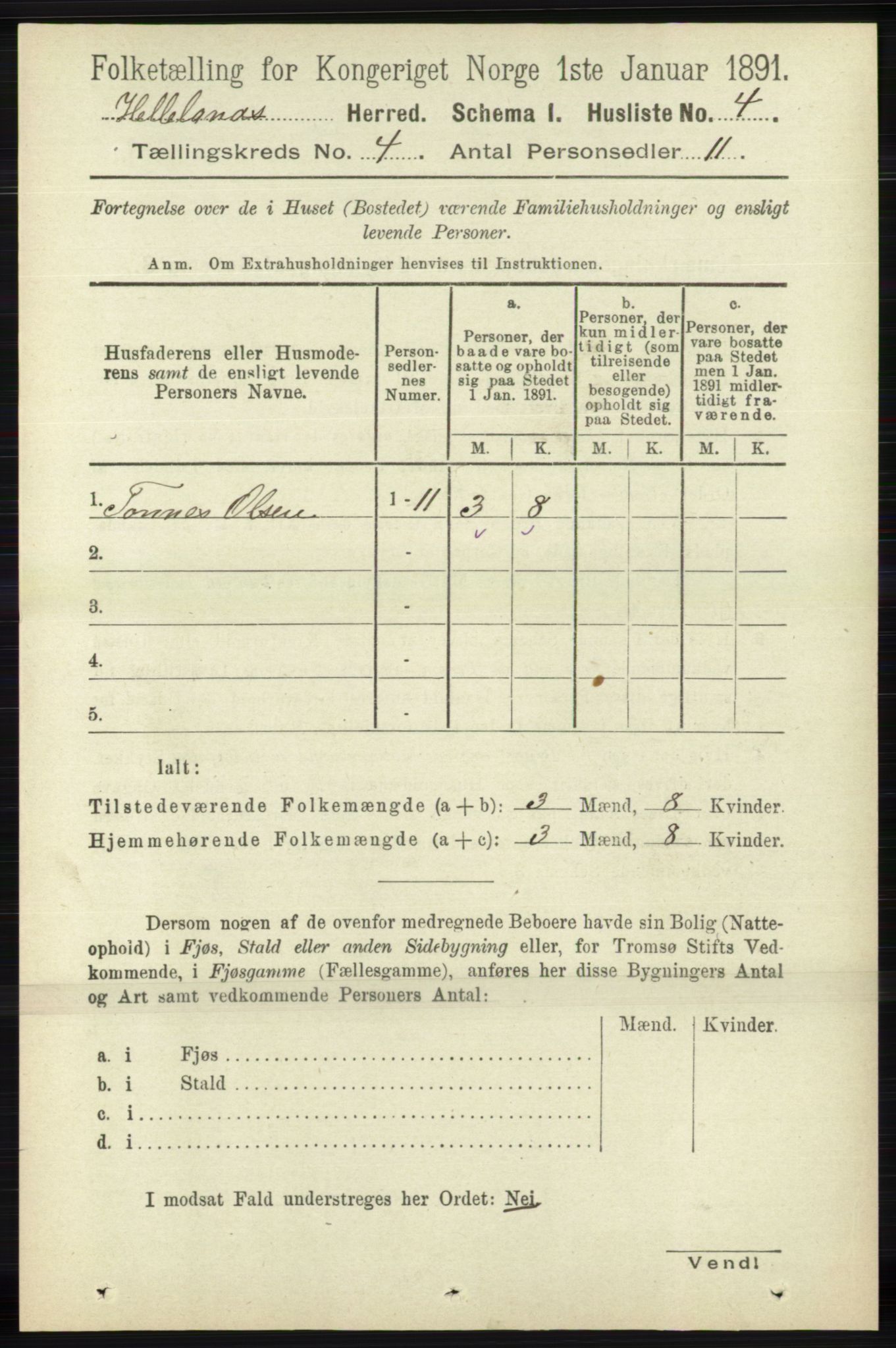 RA, 1891 census for 1115 Helleland, 1891, p. 1115