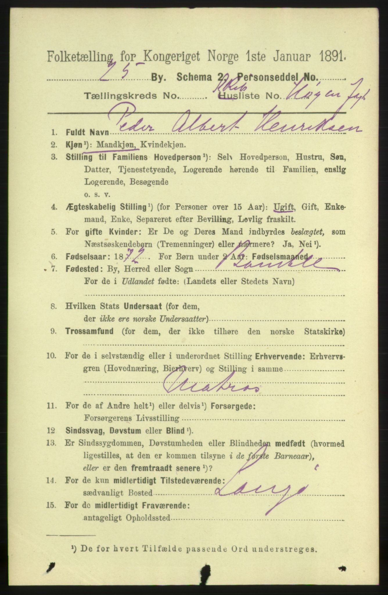 RA, 1891 census for 0801 Kragerø, 1891, p. 7640