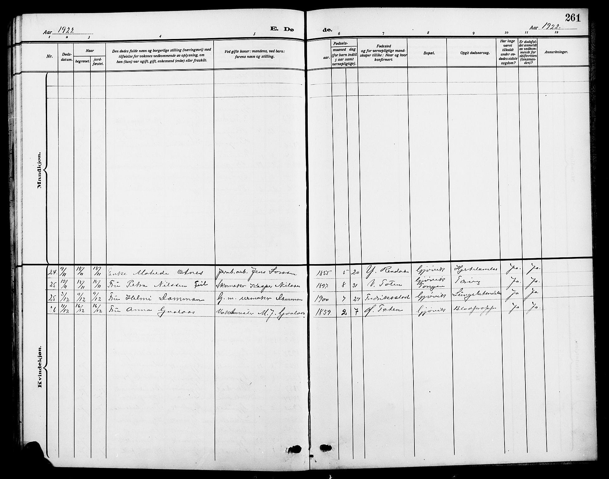 Vardal prestekontor, AV/SAH-PREST-100/H/Ha/Hab/L0014: Parish register (copy) no. 14, 1911-1922, p. 261