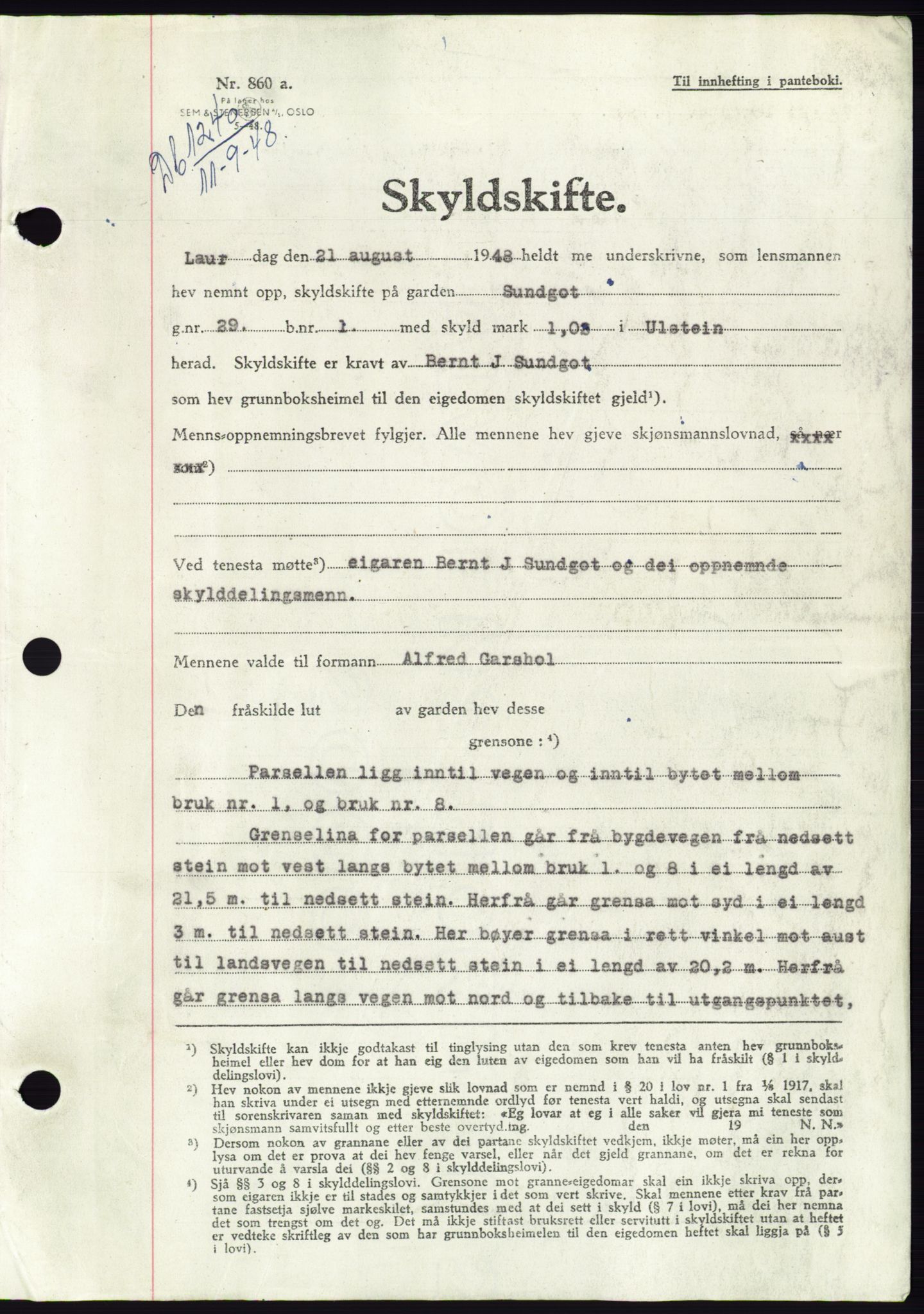 Søre Sunnmøre sorenskriveri, AV/SAT-A-4122/1/2/2C/L0083: Mortgage book no. 9A, 1948-1949, Diary no: : 1240/1948