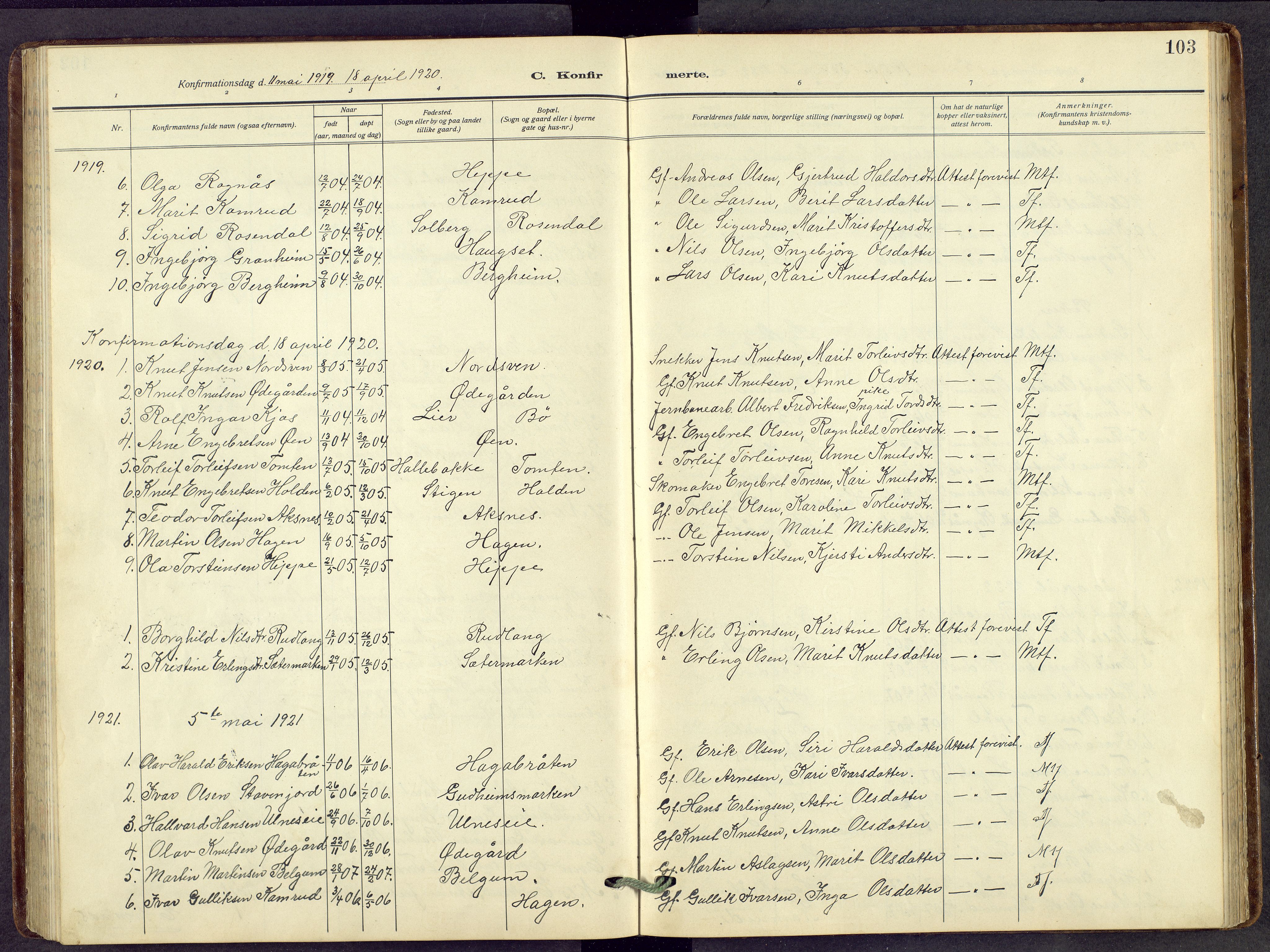Nord-Aurdal prestekontor, SAH/PREST-132/H/Ha/Hab/L0014: Parish register (copy) no. 14, 1917-1953, p. 103