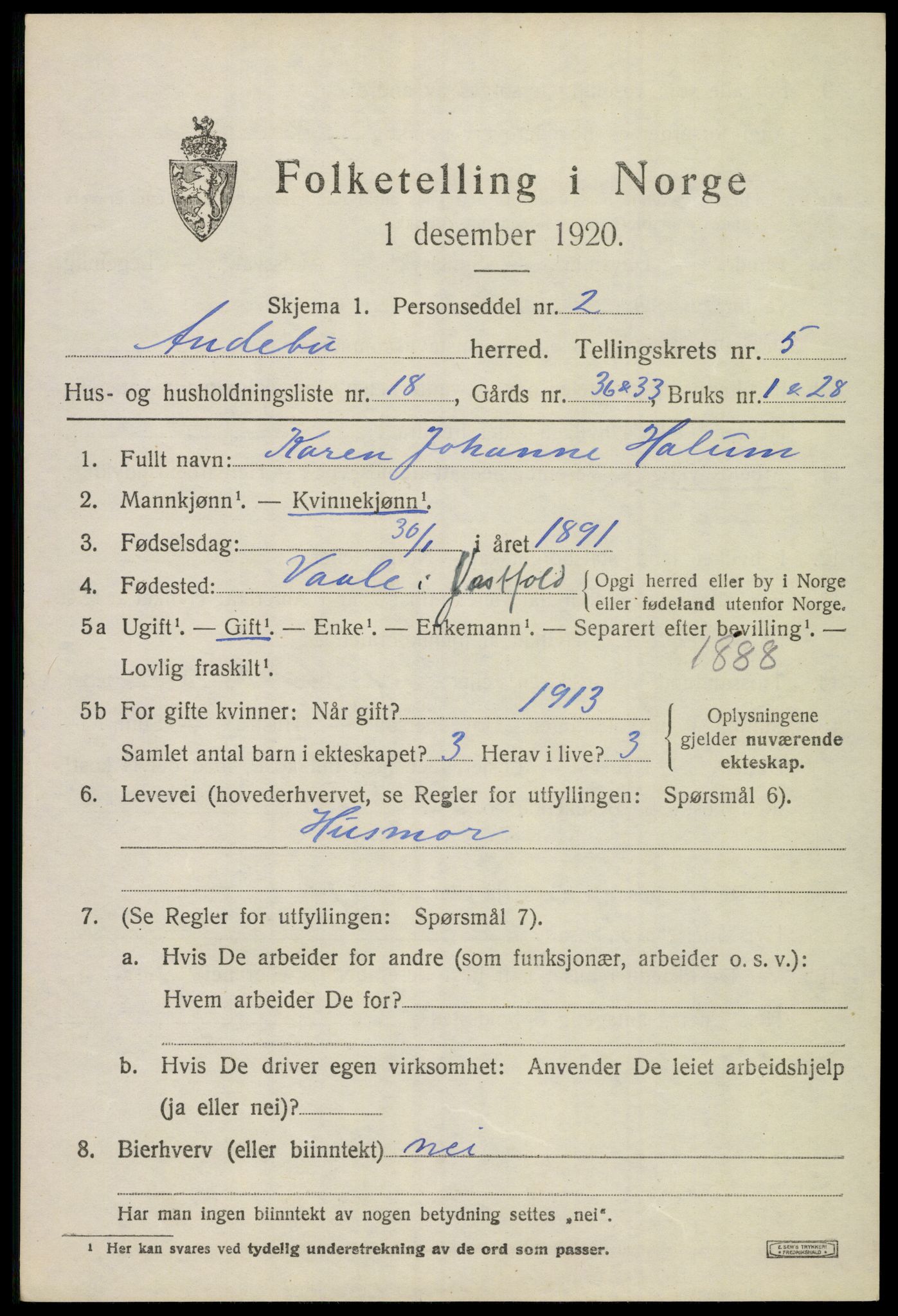 SAKO, 1920 census for Andebu, 1920, p. 2794
