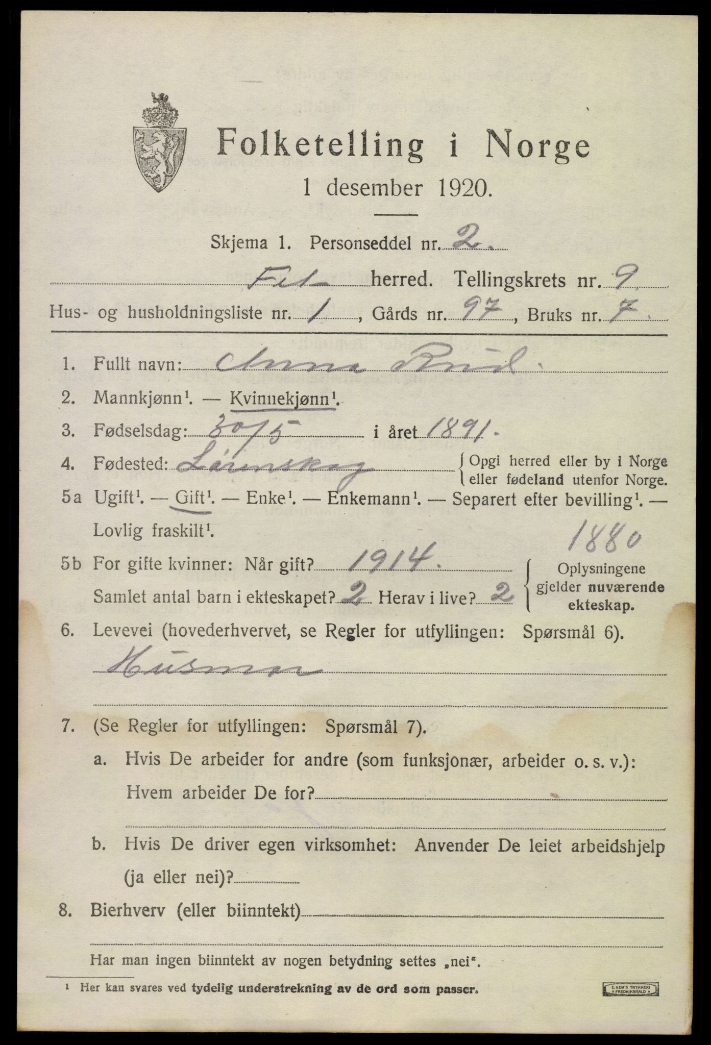 SAO, 1920 census for Fet, 1920, p. 9478