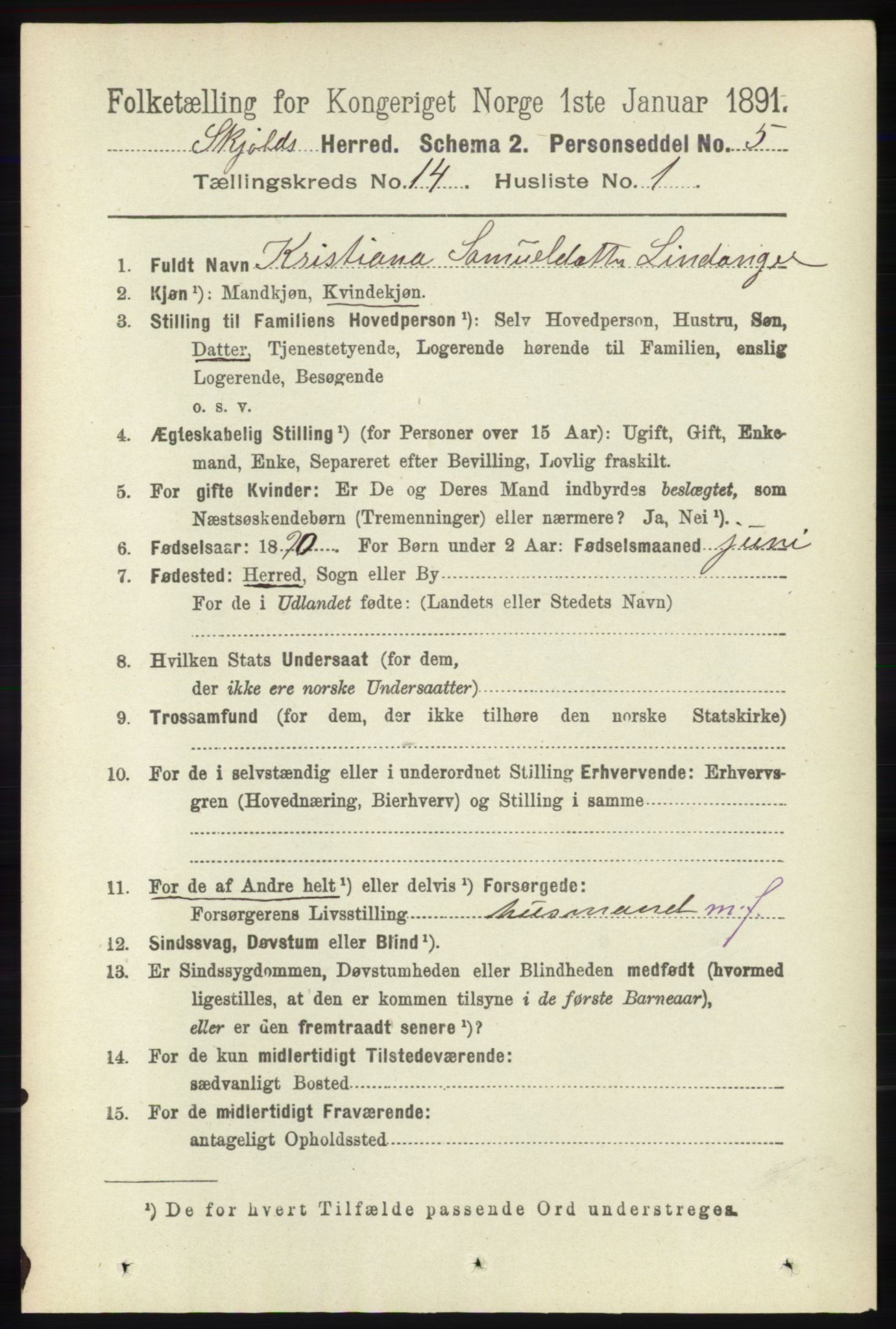 RA, 1891 census for 1154 Skjold, 1891, p. 2571