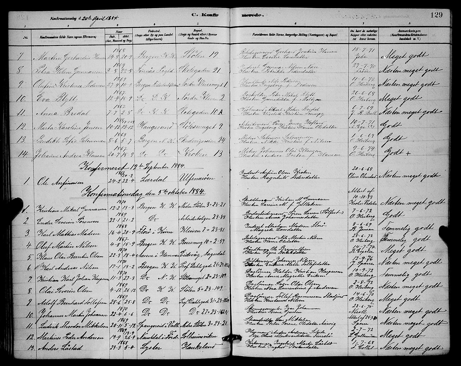 Mariakirken Sokneprestembete, SAB/A-76901/H/Hab/L0004: Parish register (copy) no. A 4, 1878-1892, p. 129
