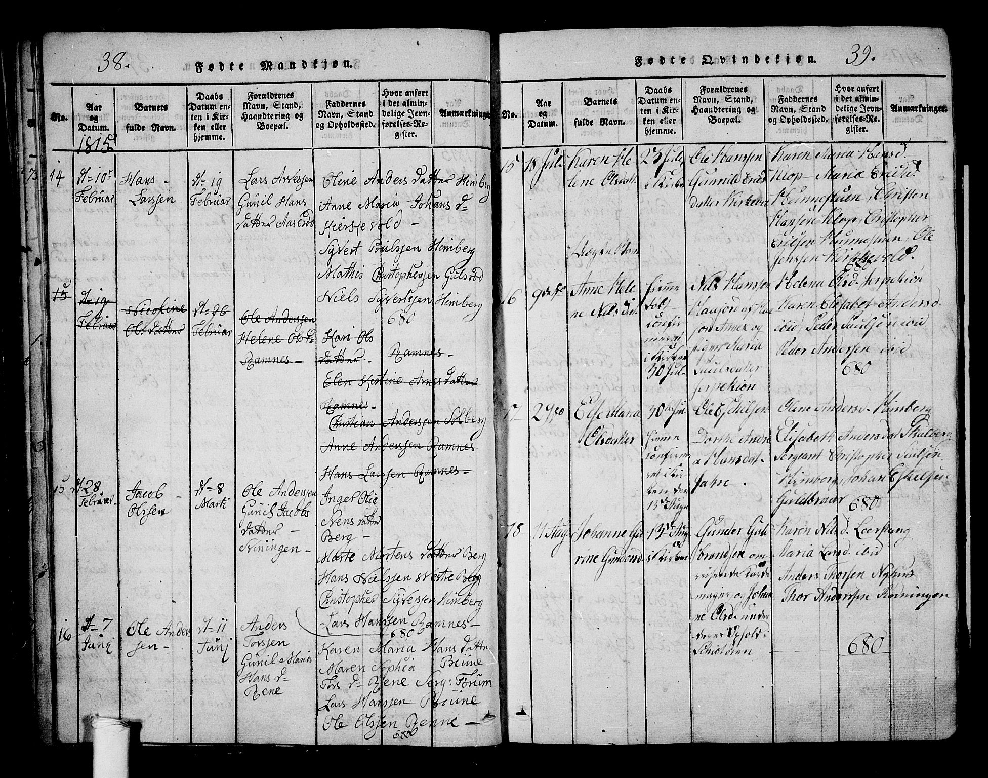 Ramnes kirkebøker, AV/SAKO-A-314/G/Ga/L0001: Parish register (copy) no. I 1, 1813-1847, p. 38-39