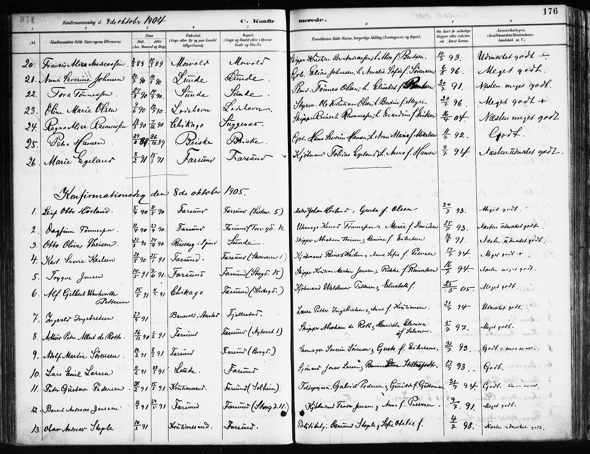 Farsund sokneprestkontor, SAK/1111-0009/F/Fa/L0006: Parish register (official) no. A 6, 1887-1920, p. 176