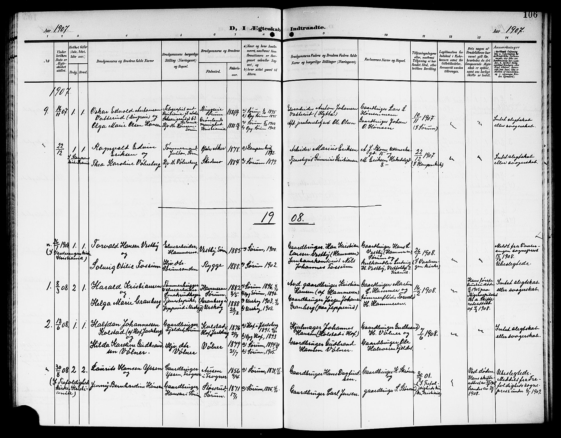 Sørum prestekontor Kirkebøker, AV/SAO-A-10303/G/Ga/L0007: Parish register (copy) no. I 7, 1907-1917, p. 106