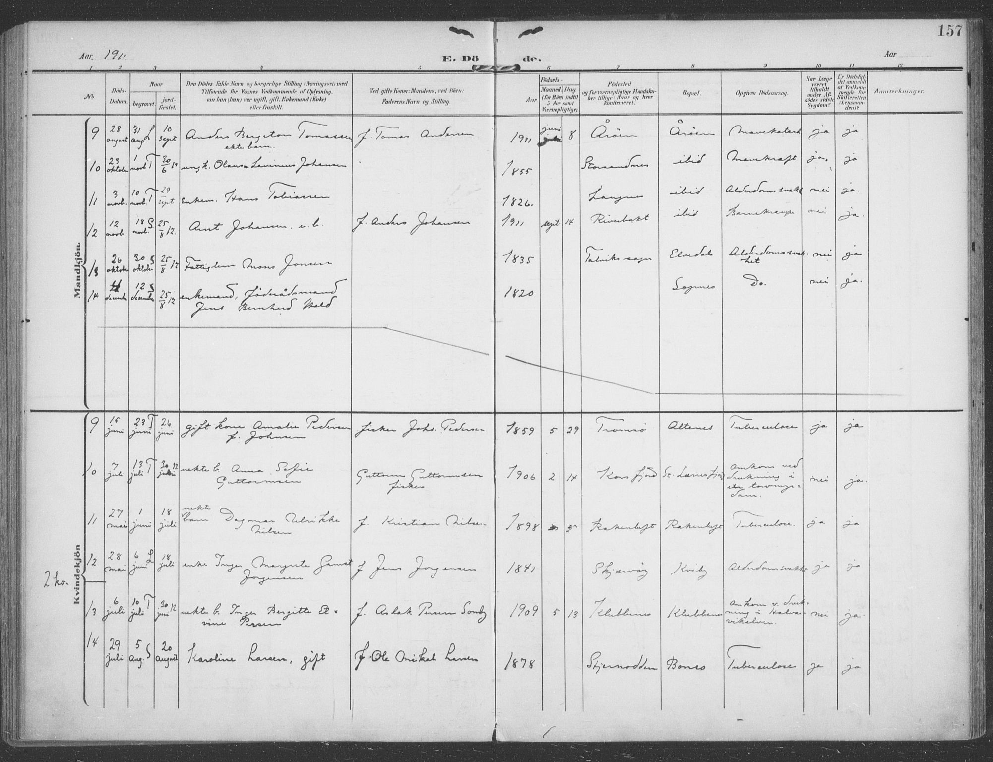 Talvik sokneprestkontor, SATØ/S-1337/H/Ha/L0017kirke: Parish register (official) no. 17, 1906-1915, p. 157