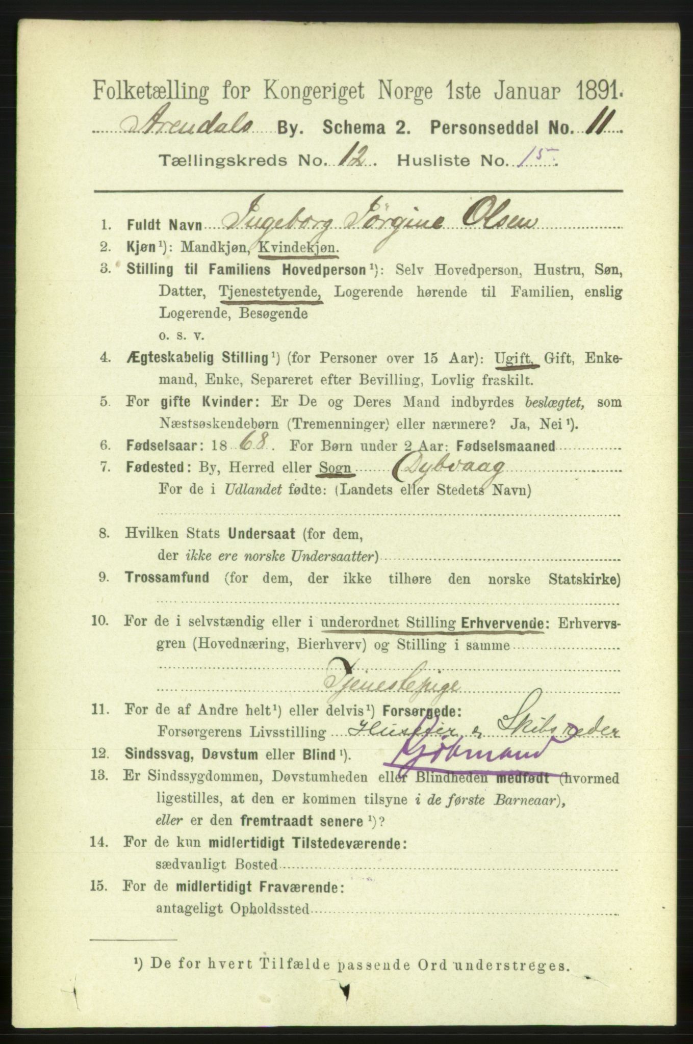 RA, 1891 census for 0903 Arendal, 1891, p. 4361