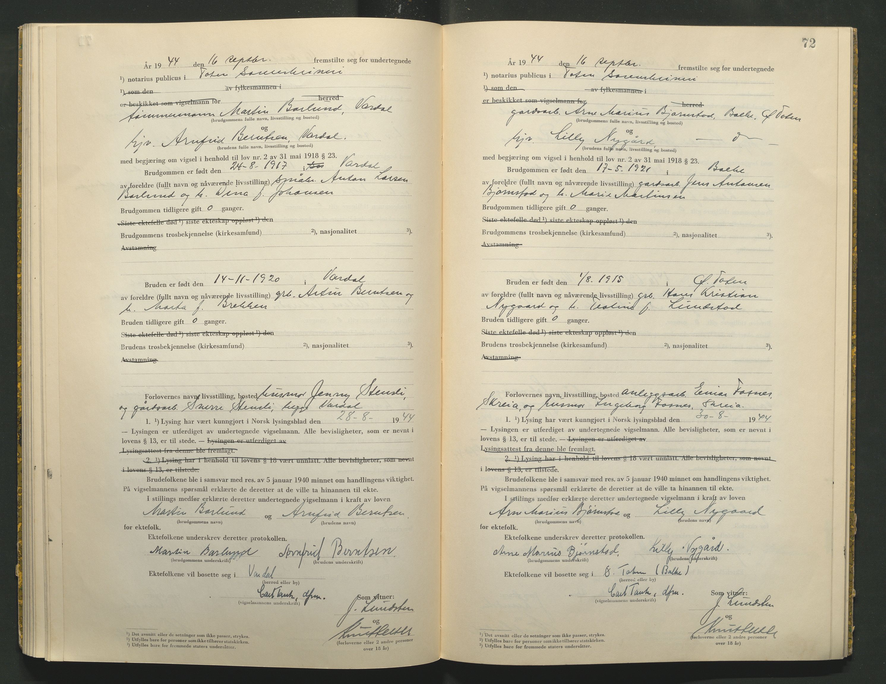 Toten tingrett, AV/SAH-TING-006/L/Lc/L0004: Vigselbok, 1944, p. 72
